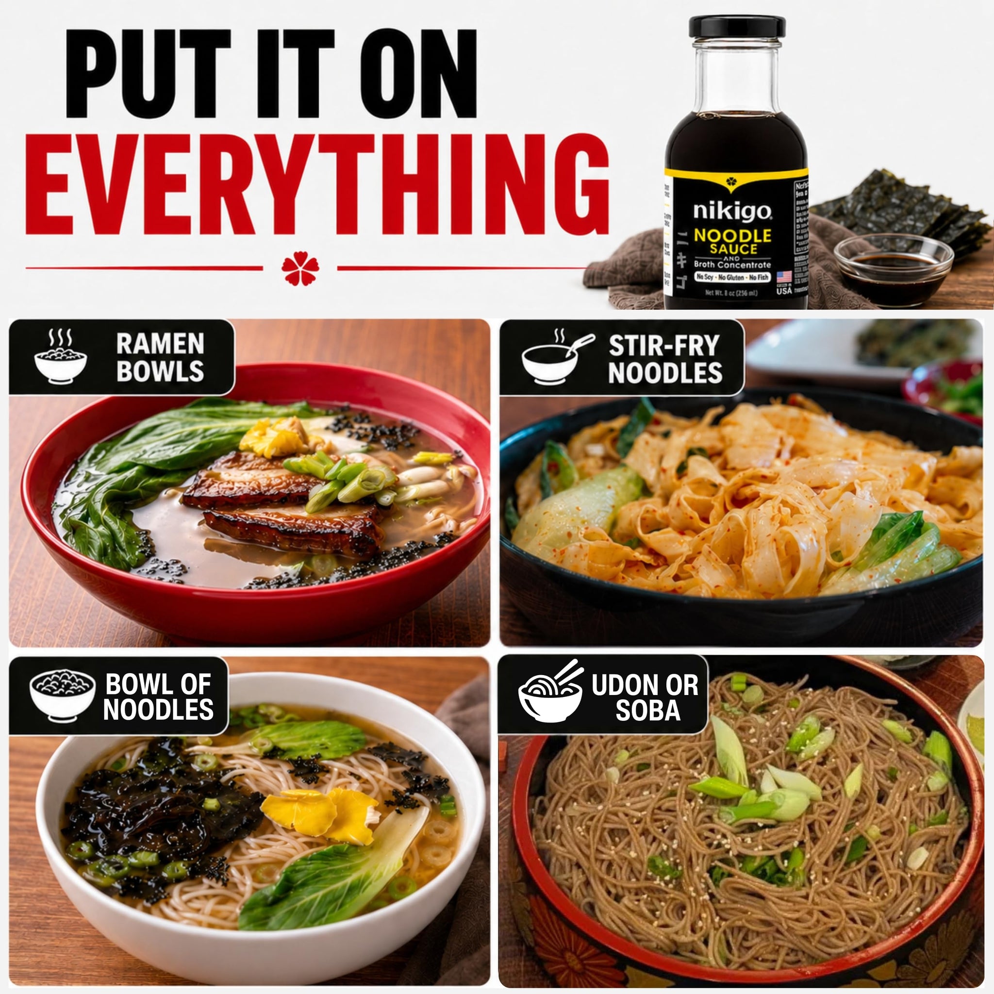 NIKIGO Noodle Sauce & Broth Concentrate, Soy Free & Allergen Friendly, Gluten & Fish Free, Mentsuyu-Style Umami Seasoning, Japanese-Inspired Asian
