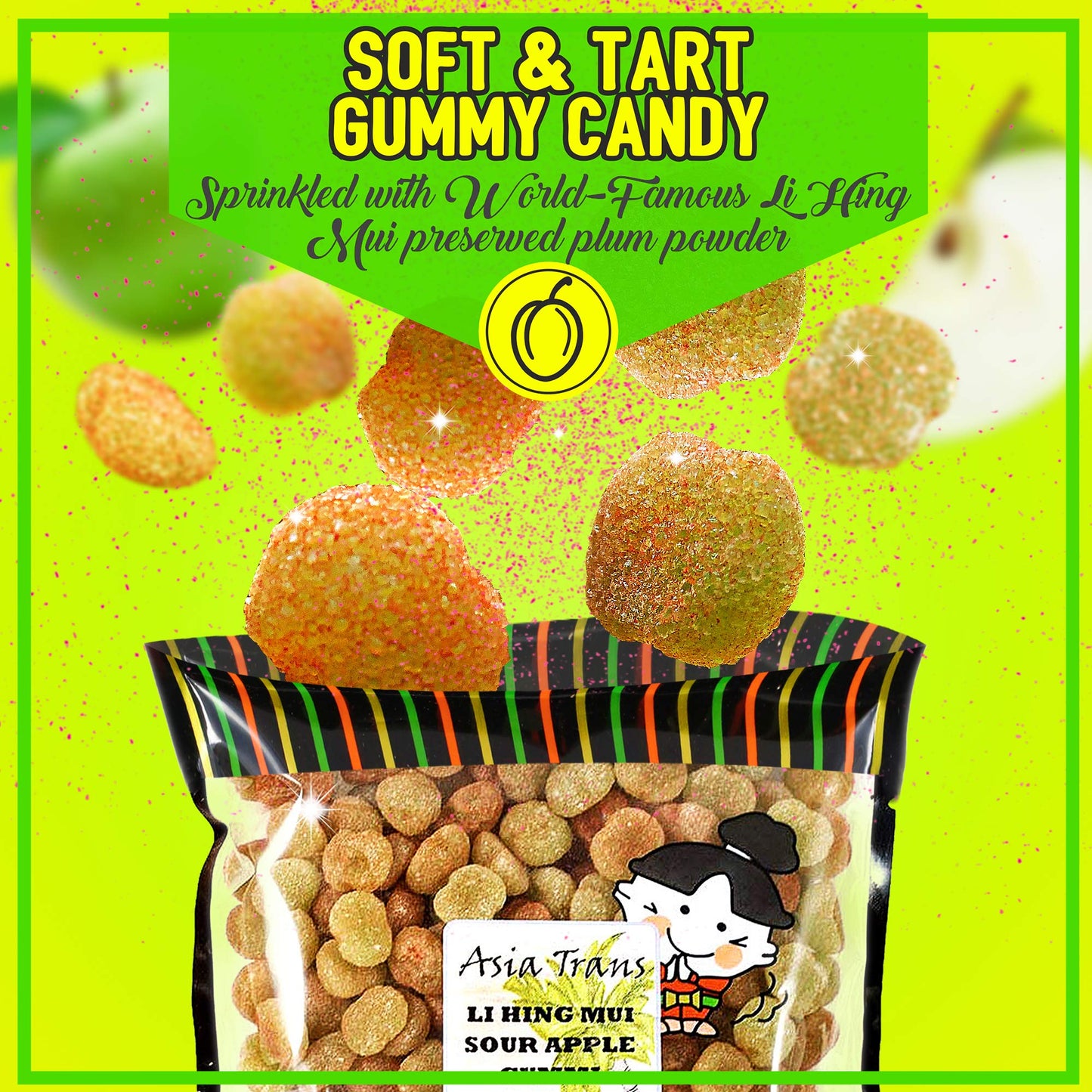 Asia Trans Sour Apple Gummies with Li Hing Mui Plum Powder | Hawaiian Favorite | Sweet & Sour Soft Gummy Candy 12oz