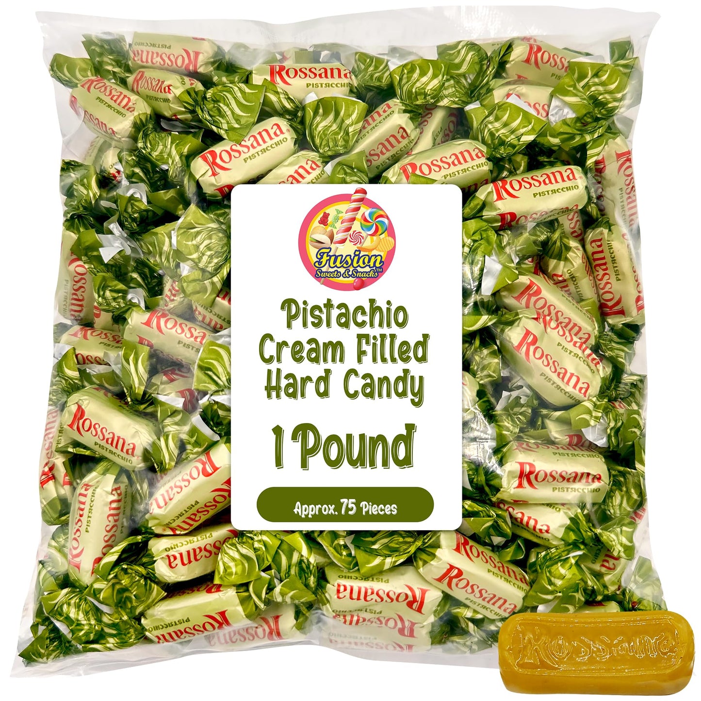 Rossana Pistachio Candy - 1 Pound Bag - Italian Hard Candy Individually Wrapped - Classic Pistachio Treat - Puntini Style Sweets - Authentic Italian