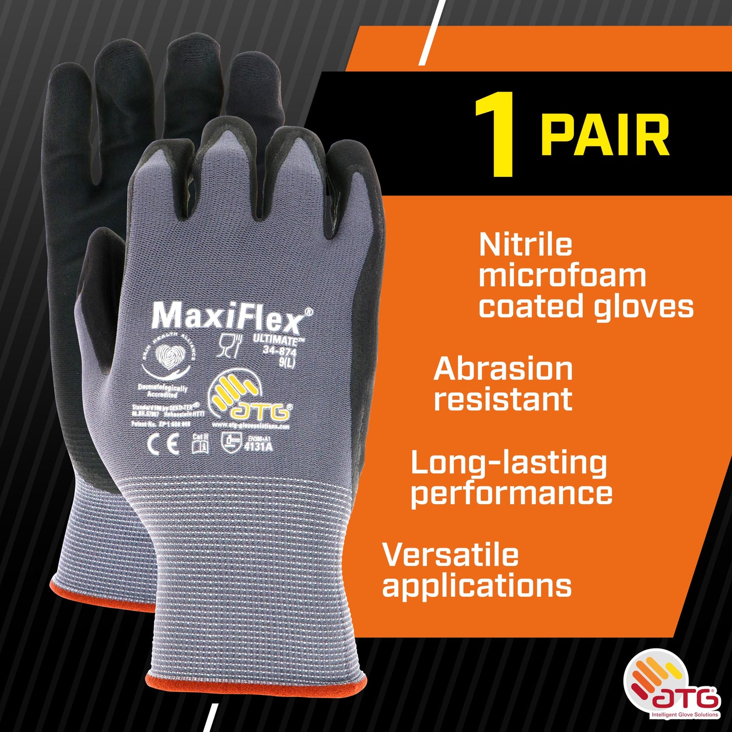 ATG 34-874T/S Maxiflex Ultimate, 15G Gray Nylon Shell, Black Nitrile Grip, Tagged Gray S
