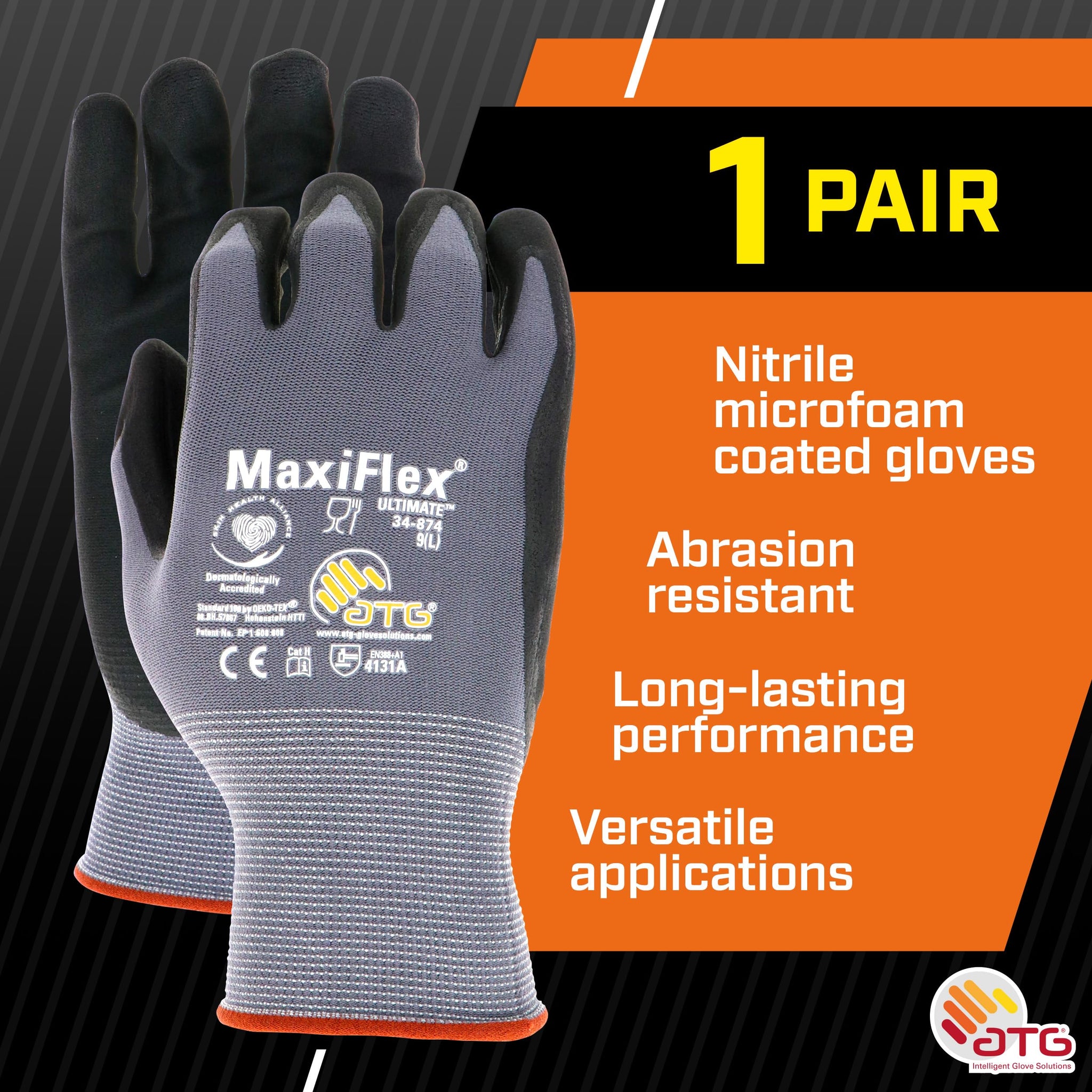 ATG 34-874T/S Maxiflex Ultimate, 15G Gray Nylon Shell, Black Nitrile Grip, Tagged Gray S
