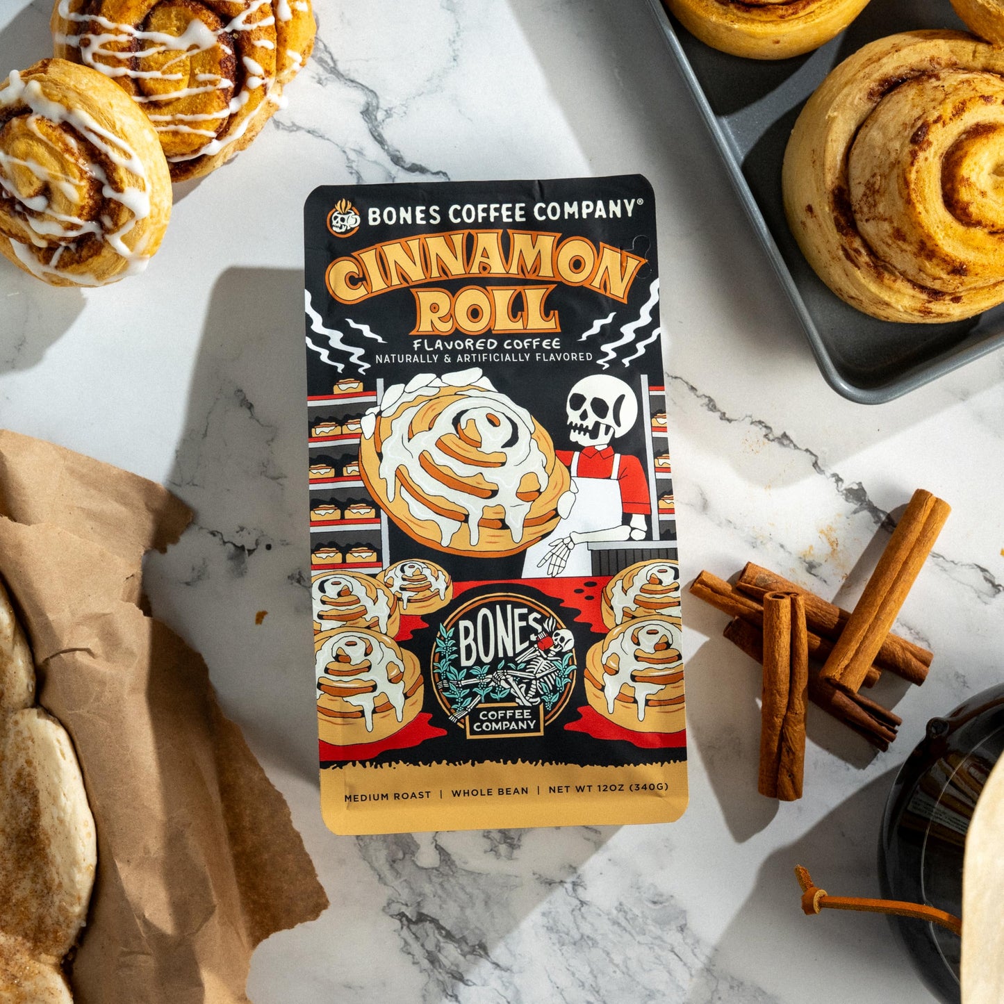 Bones Coffee Company Cinnamon Roll Flavored Coffee, Medium Roast Low Acid Arabica Beans Compatible with Auto drip and French Press Coffee Maker, 12 Oz