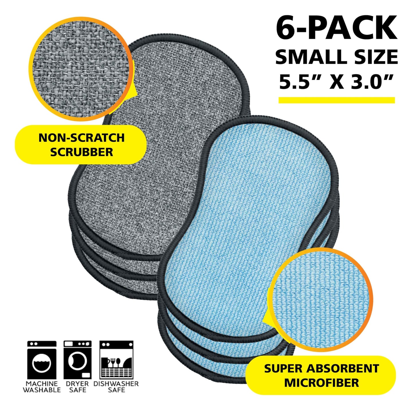 Original Scrub-N-Wipe Pad by Tuff-Scrub, 6-Pack, Microfiber, Multi-Surface, Non-Scratch, Dual-Sided, Scrubber for Dishes, Sinks, Non-Stick Cookware