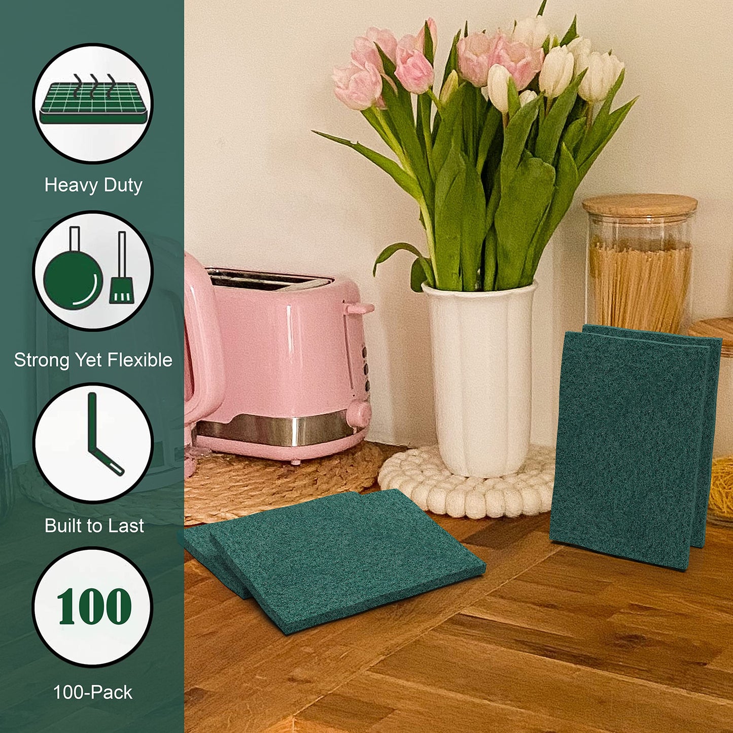 100 Pack Heavy Duty Scouring Pads 3x4 Inch - Green Scrubbing Pads, Non Scratch Bulk Scrub Pads for Kitchen, Dishes, Pots, Pans, Grill & Household