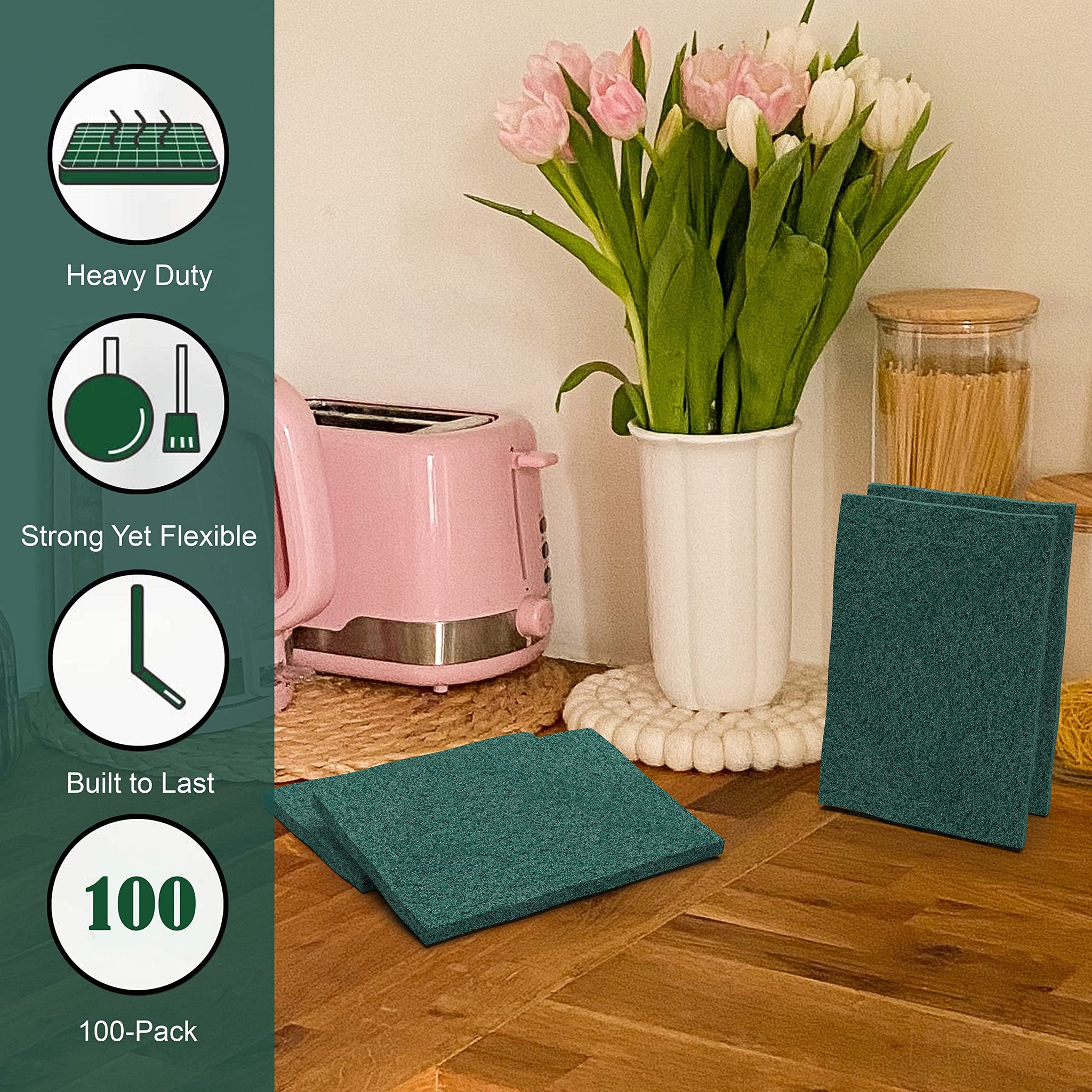 100 Pack Heavy Duty Scouring Pads 3x4 Inch - Green Scrubbing Pads, Non Scratch Bulk Scrub Pads for Kitchen, Dishes, Pots, Pans, Grill & Household
