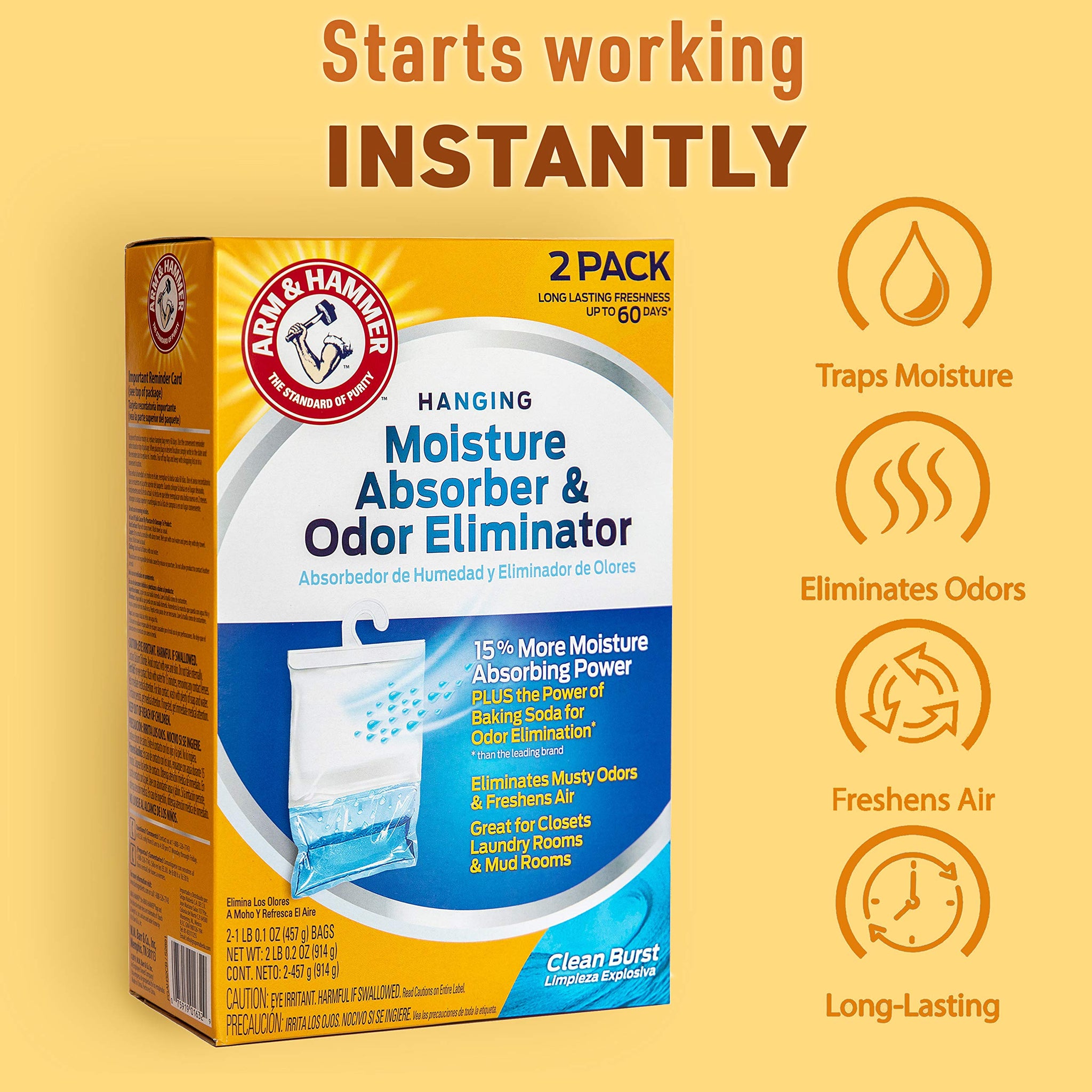 Arm & Hammer Clean Burst Hanging Moisture Absorber and Odor Eliminator - 2 Pack - Traps Moisture for Fresher, Cleaner Air