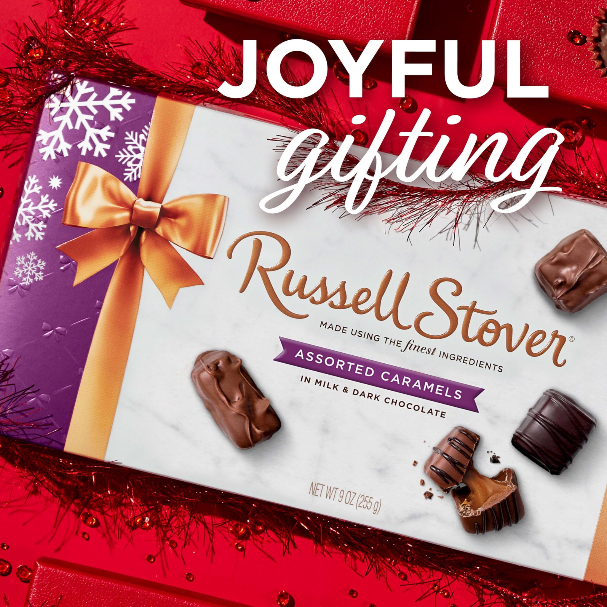 RUSSELL STOVER Christmas Assorted Caramels in Milk & Dark Chocolate Candy Gift Box, 9 oz.