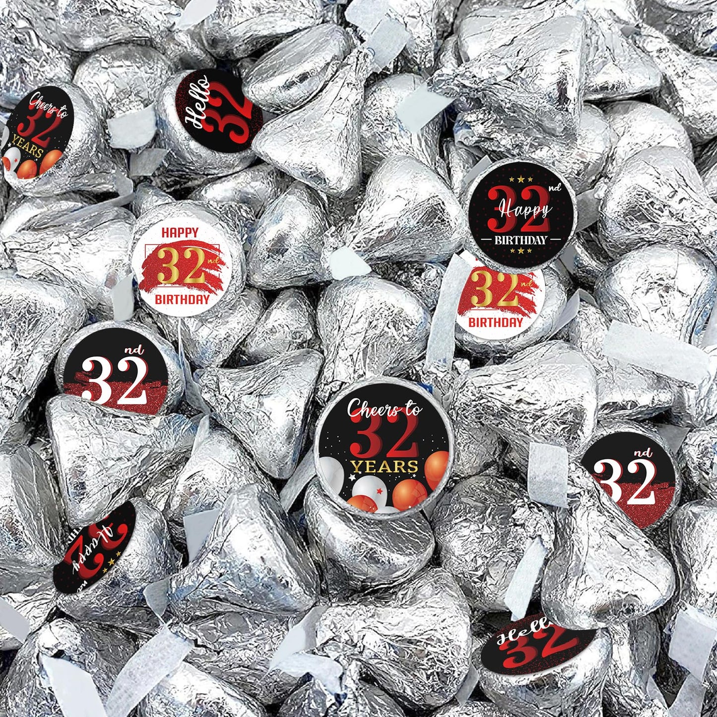 Happy 32nd Birthday Party Favor Labels Chocolate Kisses Candy Stickers - Thirty Two Years Old Birthday Round Candy Sticker Party Favors - Black