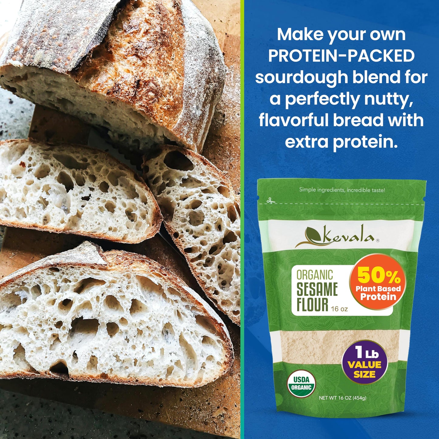 Kevala Organic Sesame Flour - 50% Protein Flour Made with Non GMO Sesame Seeds, With Mild Sesame Flavor, Vegan Protein Source, For Making Bread