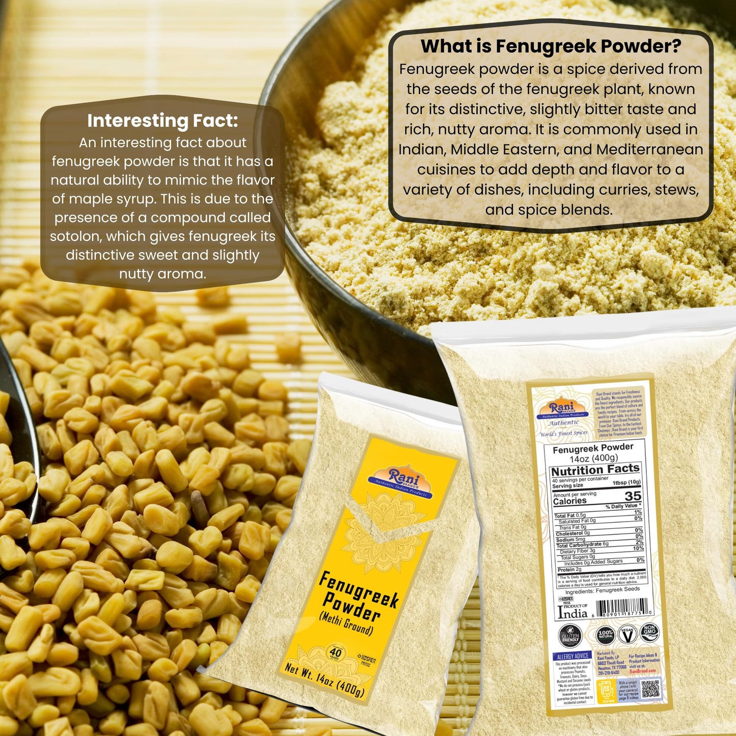 Rani Fenugreek (Methi) Seeds Ground Powder 14oz (400g) Trigonella foenum graecum ~ All Natural | Vegan | Gluten Friendly | Non-GMO | Kosher | Indian