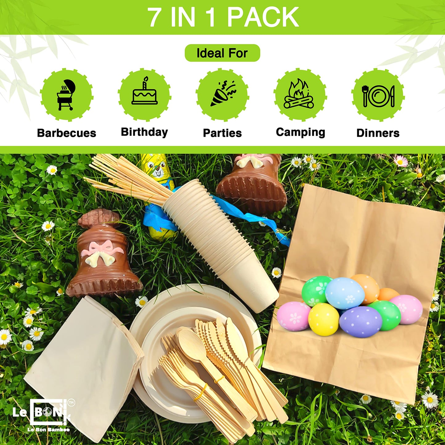 Compostable Paper Plates Set [227 PCS] - with Bamboo Cutlery, Cups, Straw, Paper Napkin, Skewer sticks & Trash Bag | Heavy Duty, Eco-friendly | BBQ