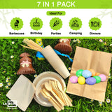 Compostable Paper Plates Set [227 PCS] - with Bamboo Cutlery, Cups, Straw, Paper Napkin, Skewer sticks & Trash Bag | Heavy Duty, Eco-friendly | BBQ