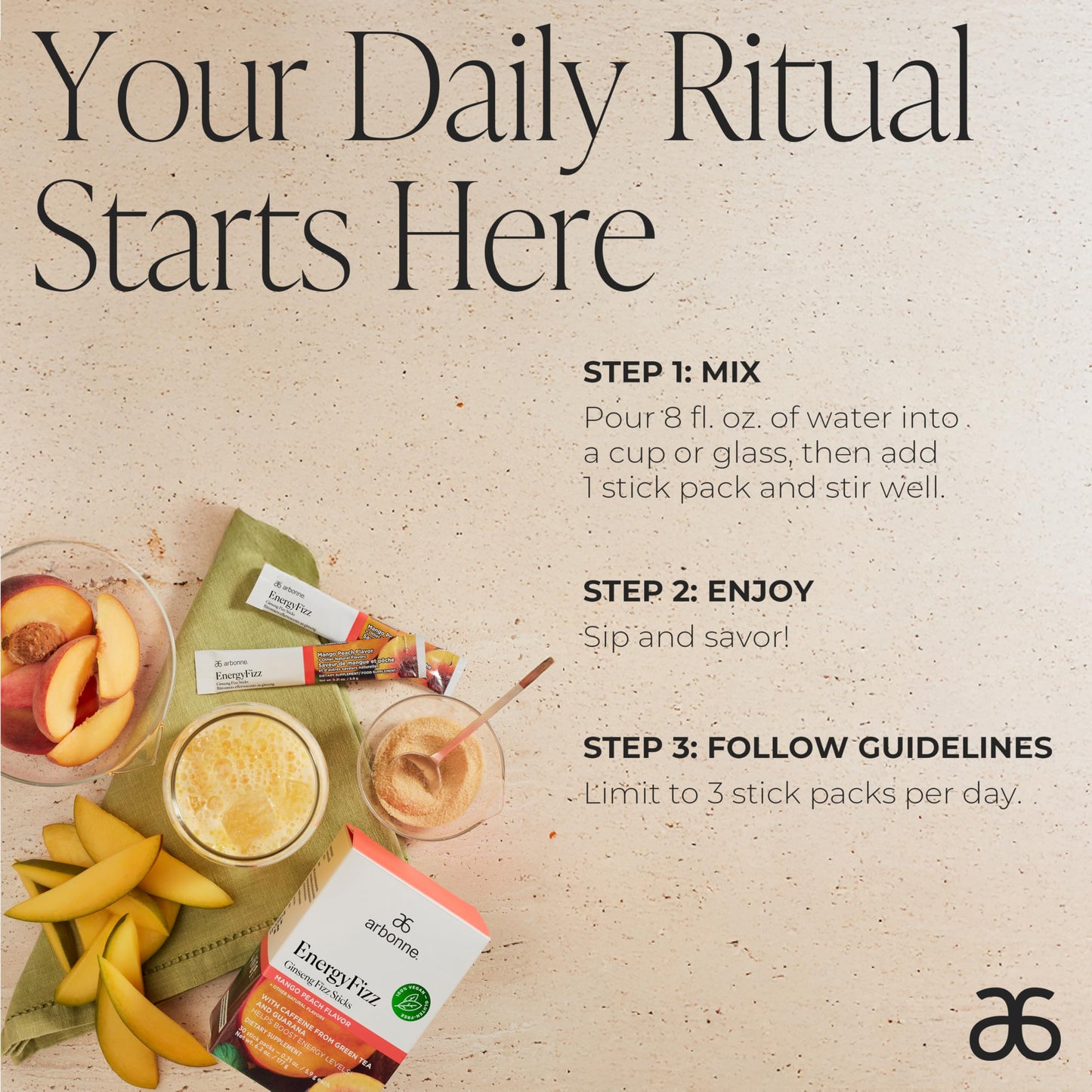 Arbonne Ginseng Energy Supplements - Peach Mango Flavor Fizz Sticks, Energy Boost with Caffeine Powder from Guarana and Green Tea, Delicious