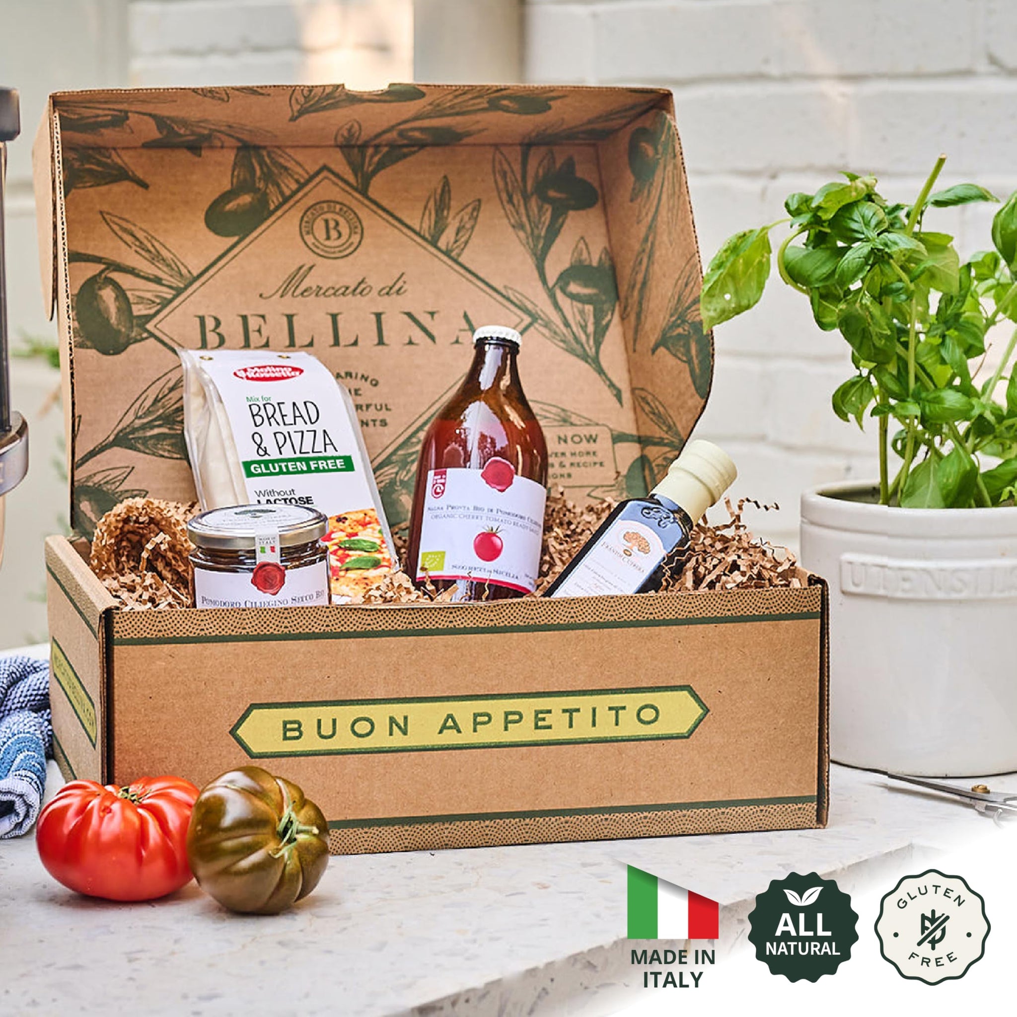 Mercato di Bellina Organic Pizza Kit Gift Basket - Authentic Homemade Gluten Free Pizza Making Kit for Home Cooks, Italian Gift Basket Includes Organic Crust Mix, Sauce, EVOO & Sun-Dried Tomatoes