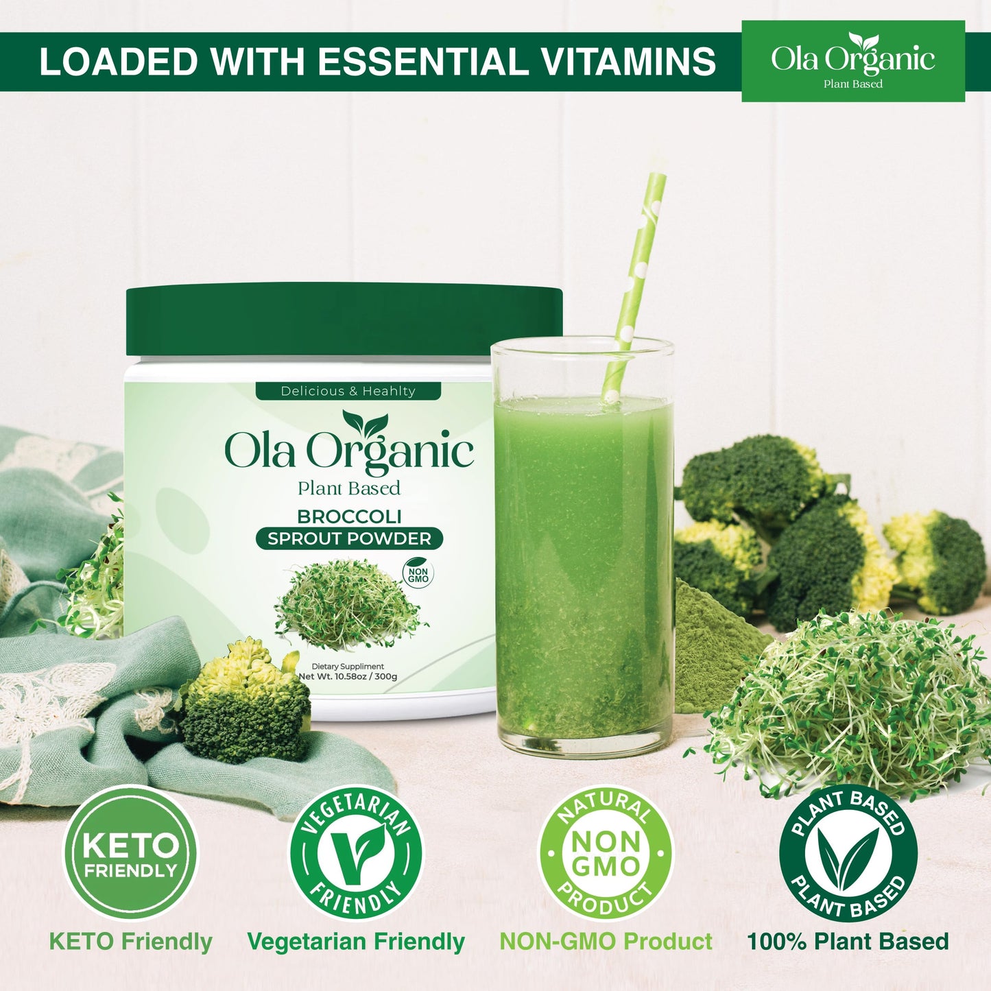 Ola Organic Broccoli Sprout Powder - Sulforaphane-Rich Superfood with Vitamins & Minerals- Supports Daily Wellness & Vitality - Non-GMO (300g Jar)
