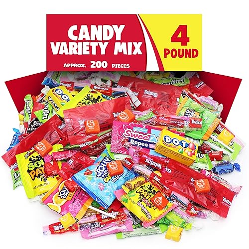 Bulk Candy Variety Pack - 4 Pound (Approx. 200 Pieces) Individually Wrapped Assorted Hard Candies, Taffy & Lollipops, Party Candy Mix for Piñata