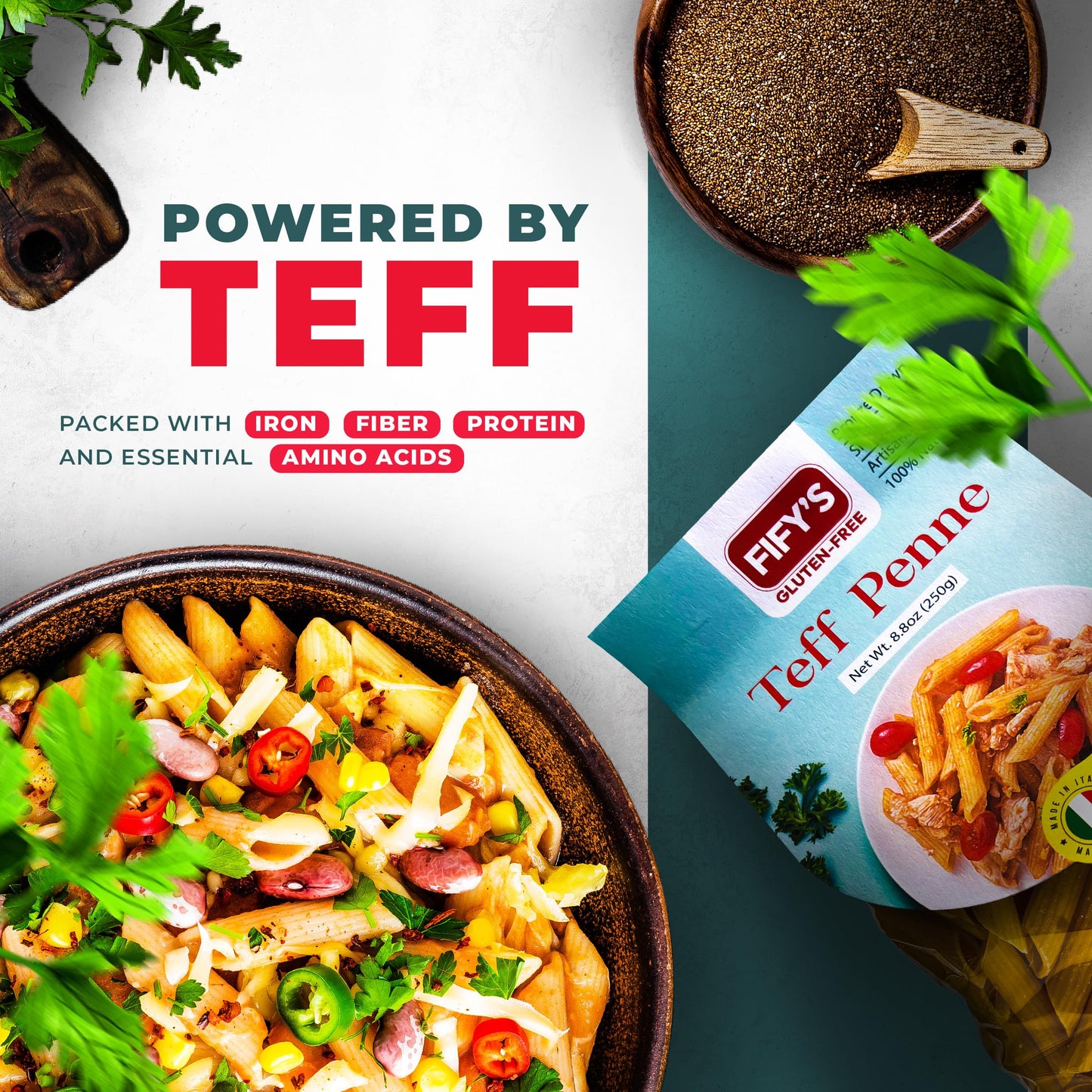 FIFY'S GLUTEN-FREE Teff Penne Pasta - All Natural, Nutrient-Rich Gluten Free Pasta with Ancient Grain Teff and Rice Flour - Made in Italy