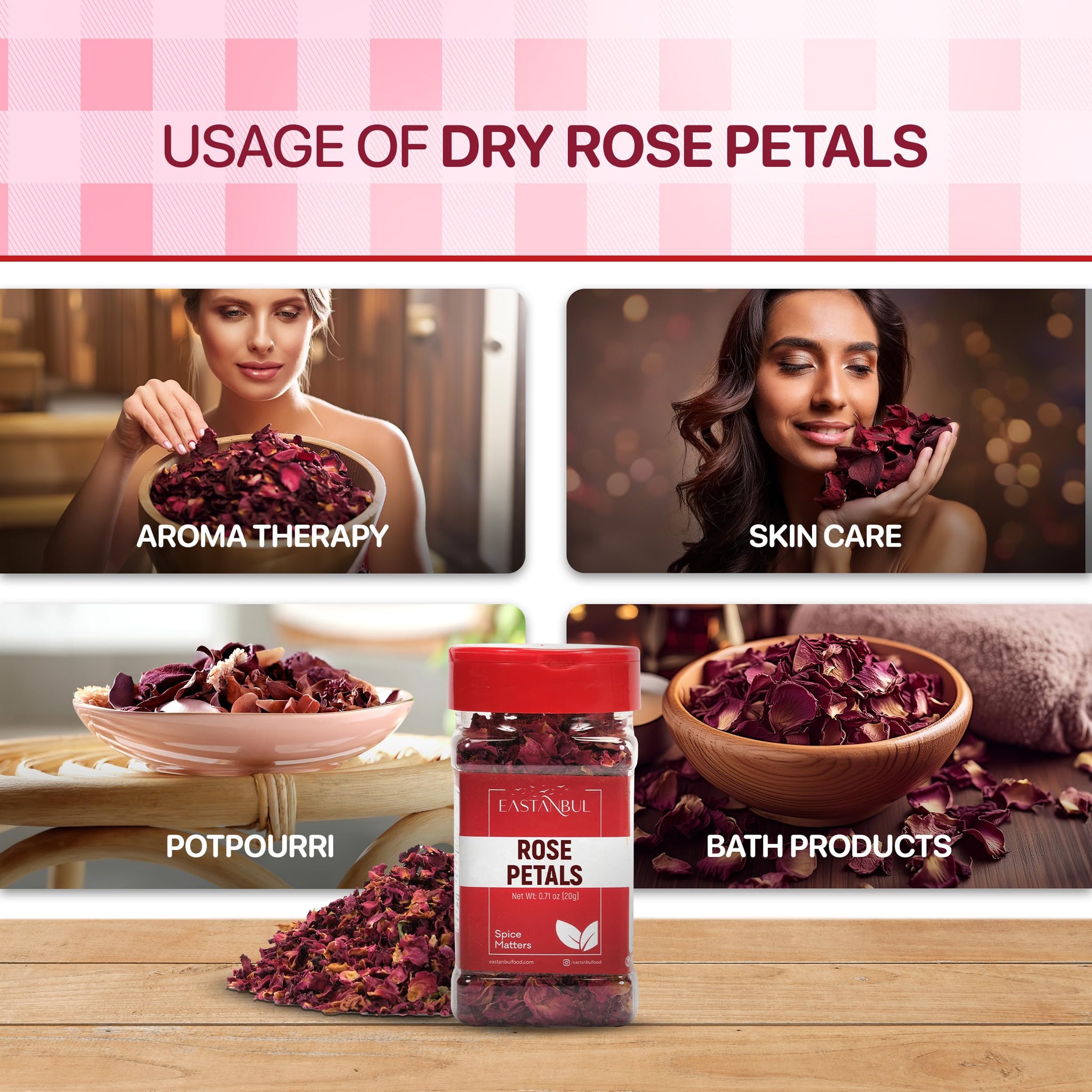 Eastanbul Dried Rose Petals, 0.71oz, Premium Edible Rose Petals, Dried Flower for Herbal Tea, Decoration, Sprinkles, Dessert Topping, From