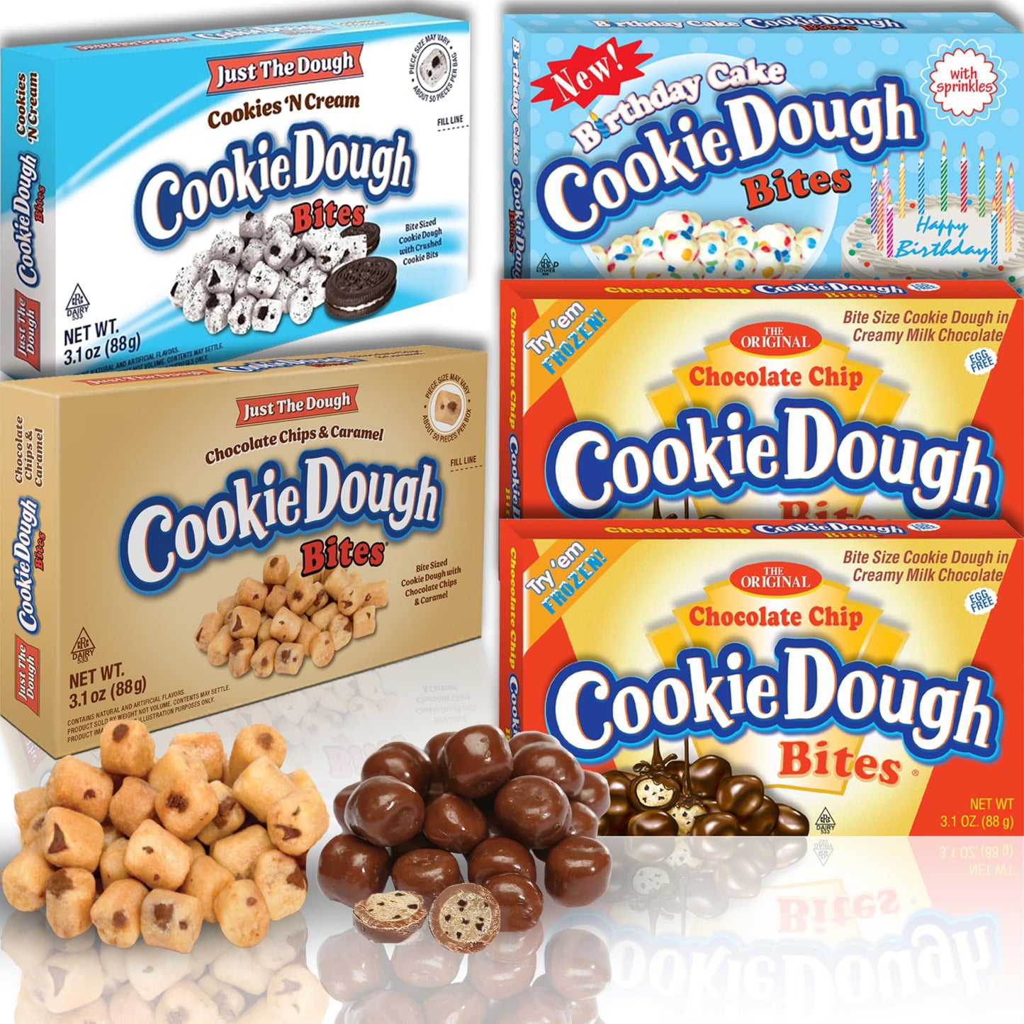 Cookie Dough Bites Favorites Variety Pack | 3.1 oz (Pack of 5) | Chocolate Chip, Birthday Cake, Caramel, Cookies N Cream, Just the Dough | Movie