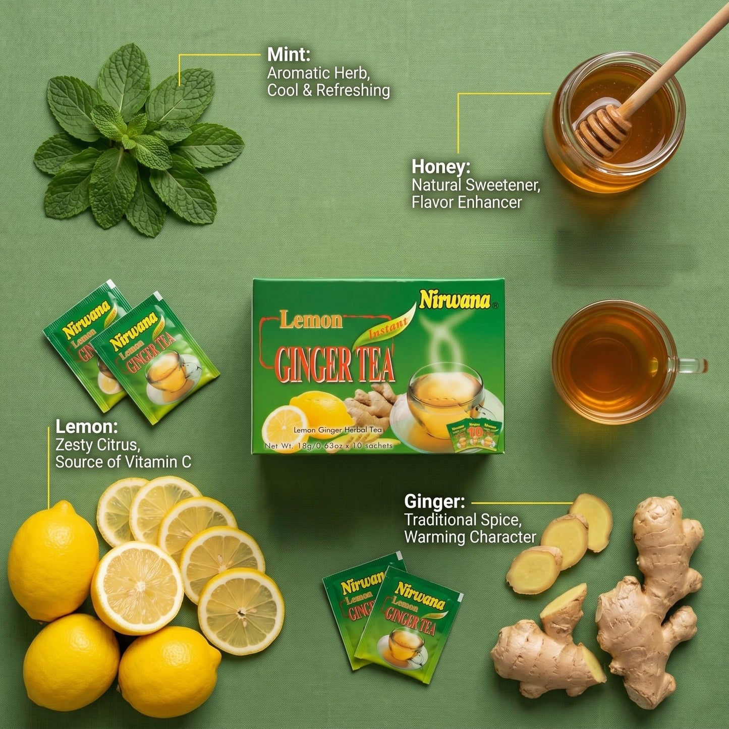 Nirwana Lemon Ginger Tea 10 Sachets - Refreshing Herbal Blend with Ginger, Lemon, Honey and Green Tea | Perfect Tea Gift Set and Holiday Gift Baskets
