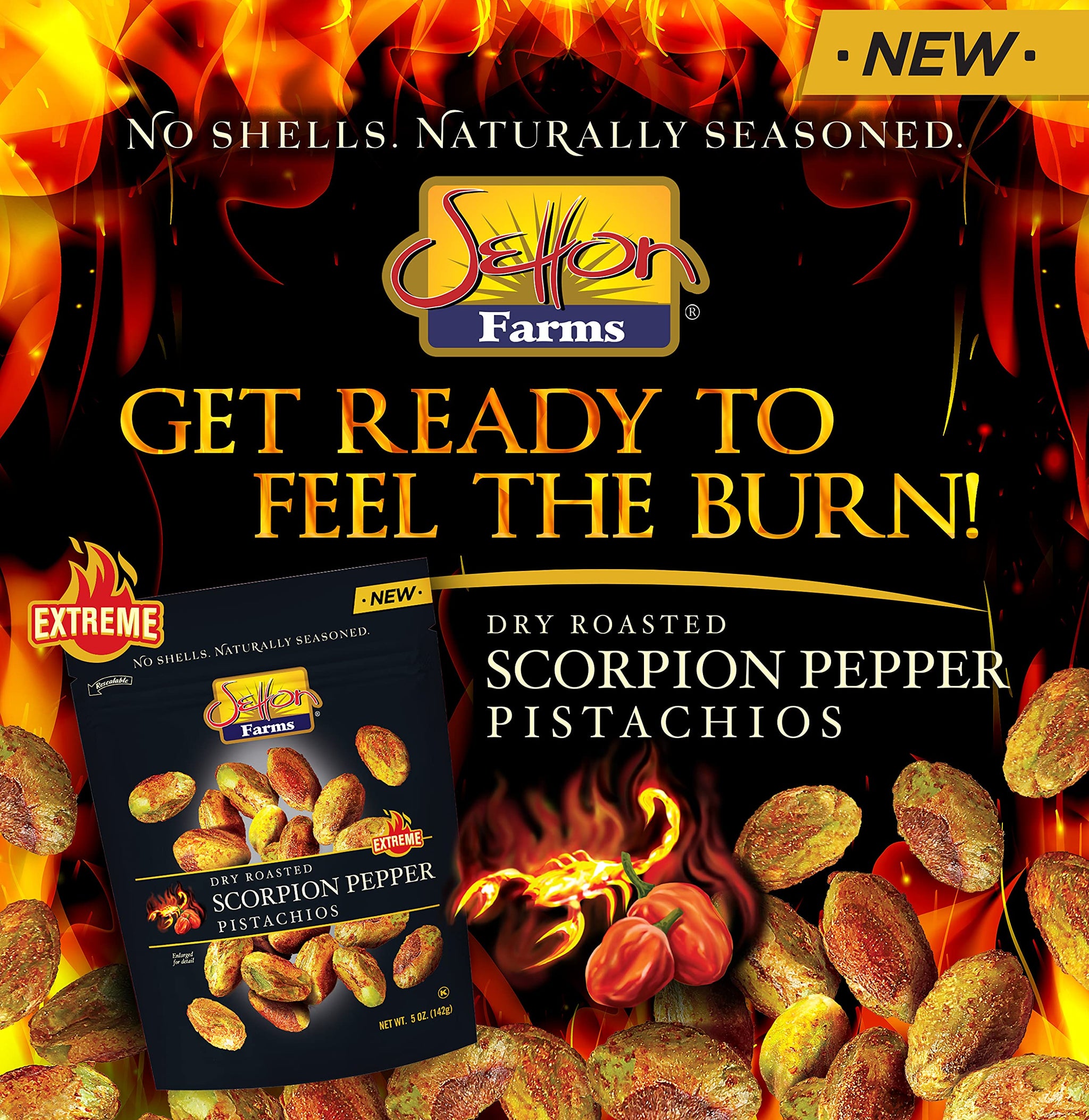 Setton Farms Pistachios, Scorpion Pepper Extreme Flavor, Naturally Seasoned, Dry Roasted No Shell, Non-GMO Project Verified, Gluten Free, Vegan