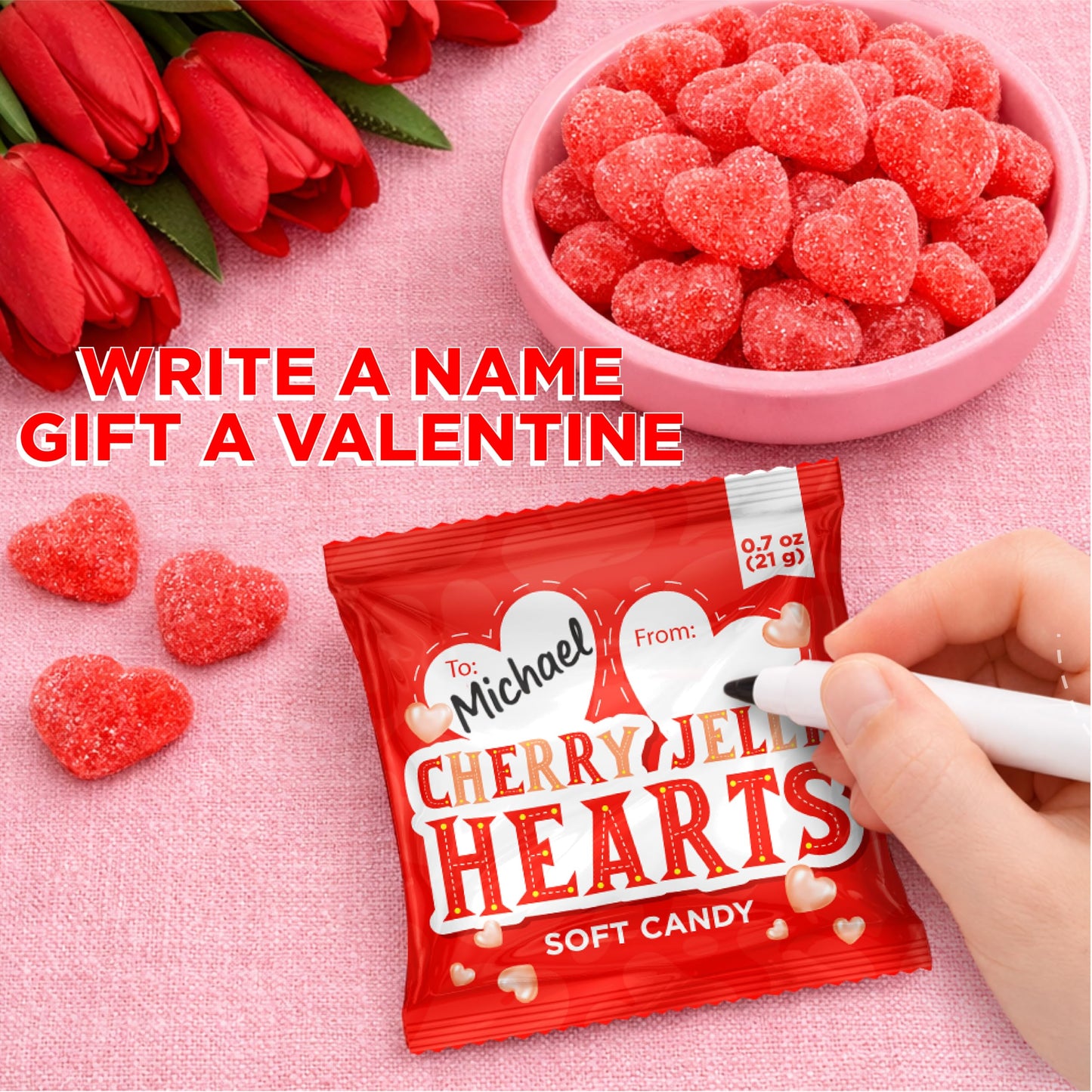 Cherry Hearts Jelly Candy - 24 Packs - Valentines Candy Individually Wrapped - Write-On To/From Pouches for Classroom Exchange - Jelly Hearts
