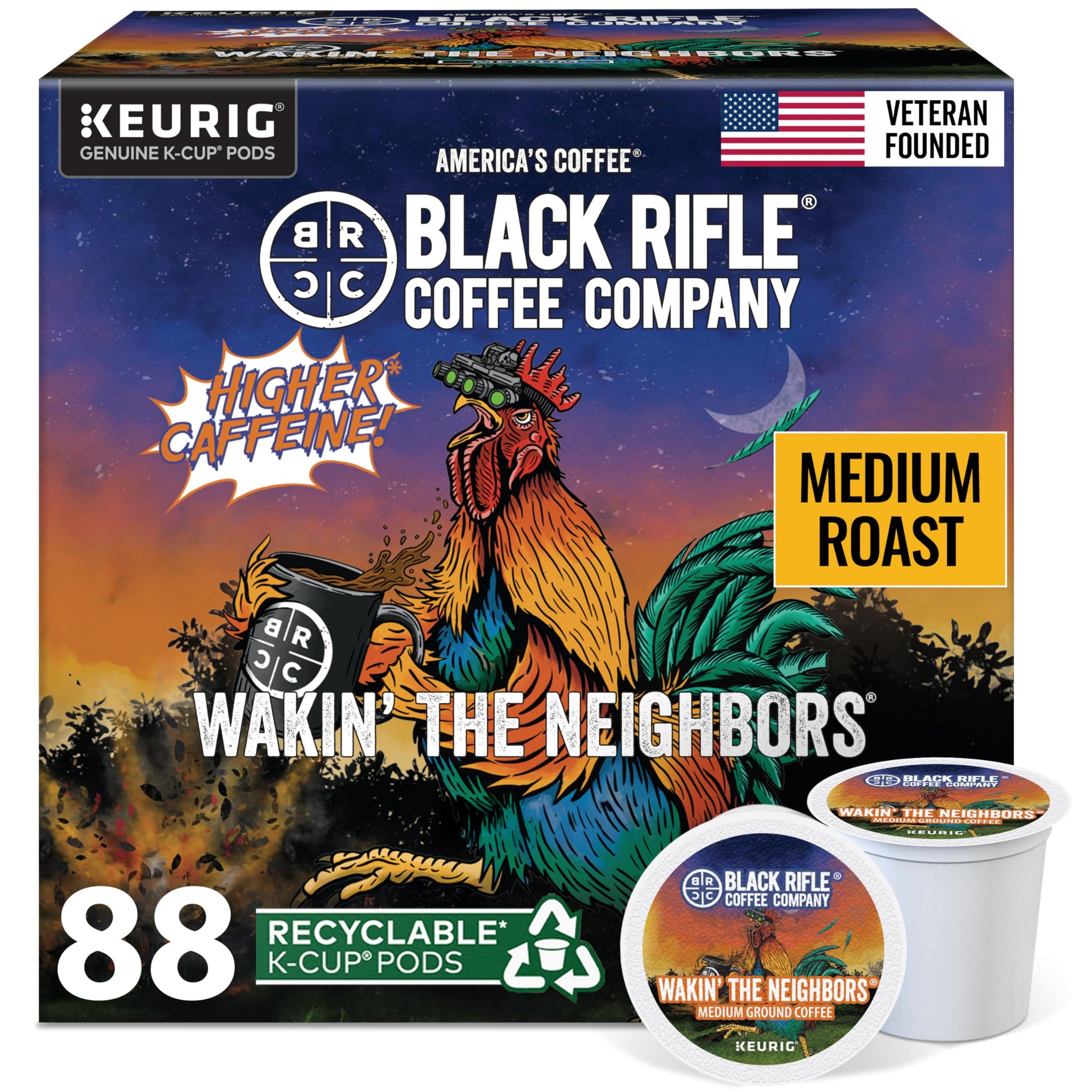 Black Rifle Coffee Company Wakin’ the Neighbors High-Caffeine Coffee Pods - Arabica & Robusta Blend for Extra Energy - Single Serve K Cup Compatible