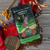 Bones Coffee Company Highland Grog, Butterscotch Caramel Flavored Coffee, Medium Roast Low Acid Arabica Beans Compatible with Auto drip and French