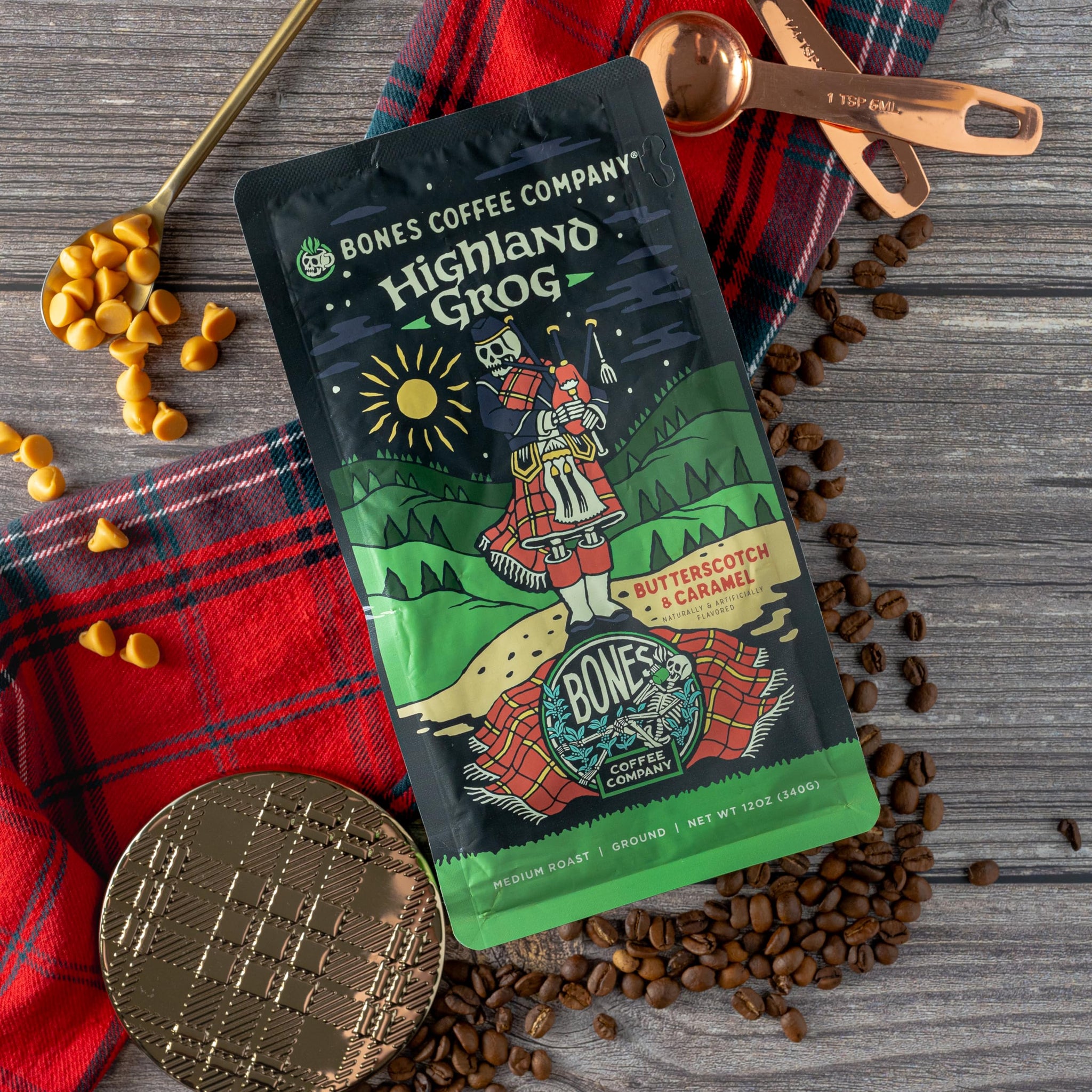 Bones Coffee Company Highland Grog, Butterscotch Caramel Flavored Coffee, Medium Roast Low Acid Arabica Beans Compatible with Auto drip and French