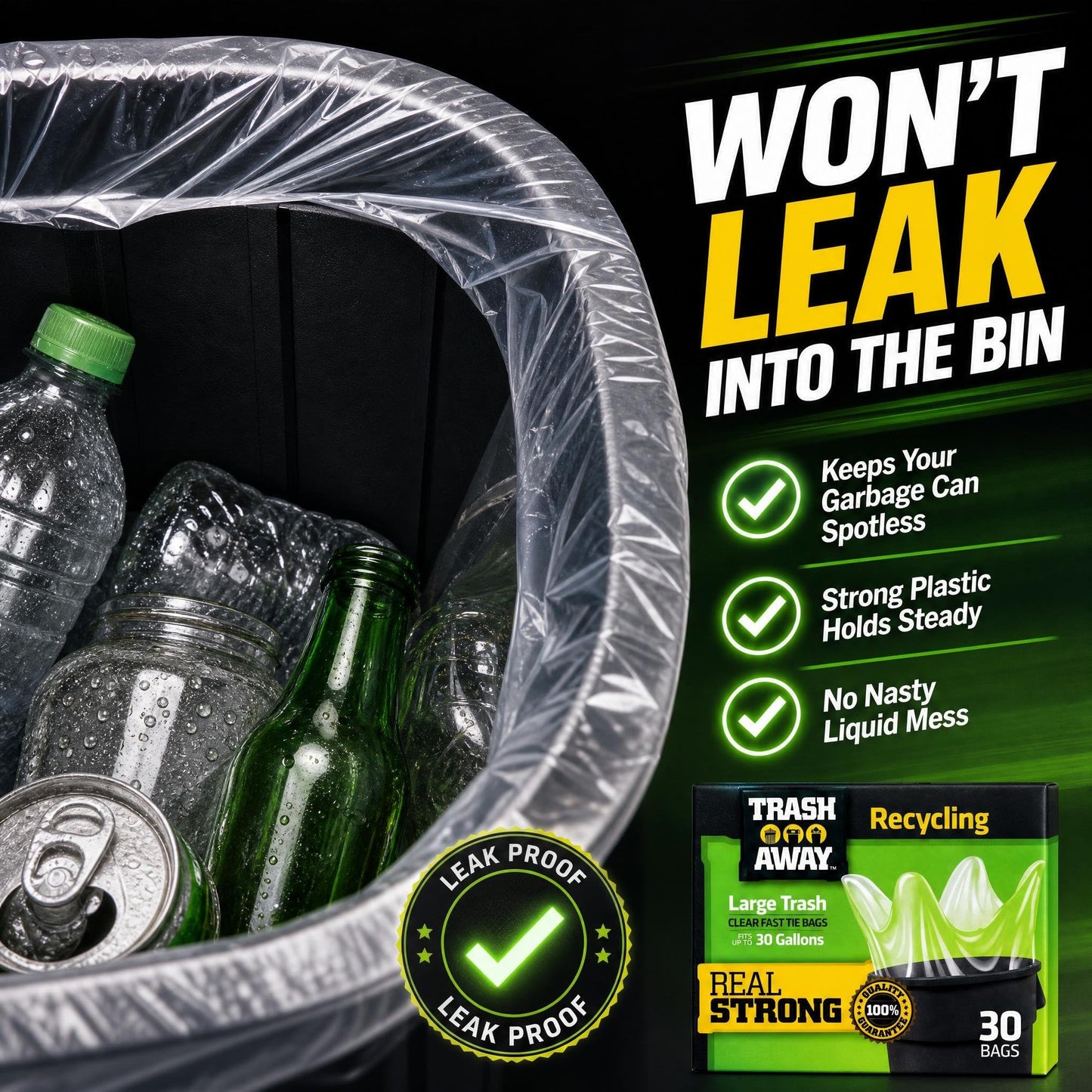 Trash Away Heavy Duty Clear Recycling Bags | Tall & Strong Bags for Home & Kitchen - (30 Ct, 30 Gallons) Large Trash Bags Paper, Plastic & Aluminum |
