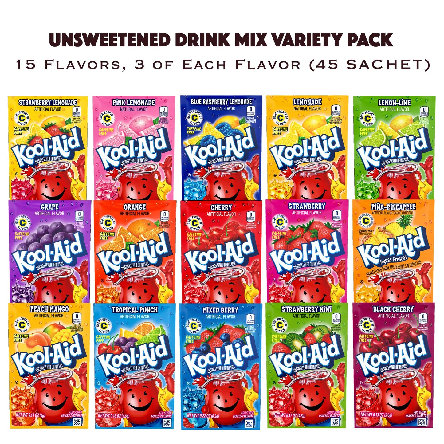 Classic Drink Mix Packets Variety 45 Pack- Includes 3 Mix Packets Each of 15 Flavors- Cherry, Lemonade, Orange, Tropical Punch, Black Cherry, Peach