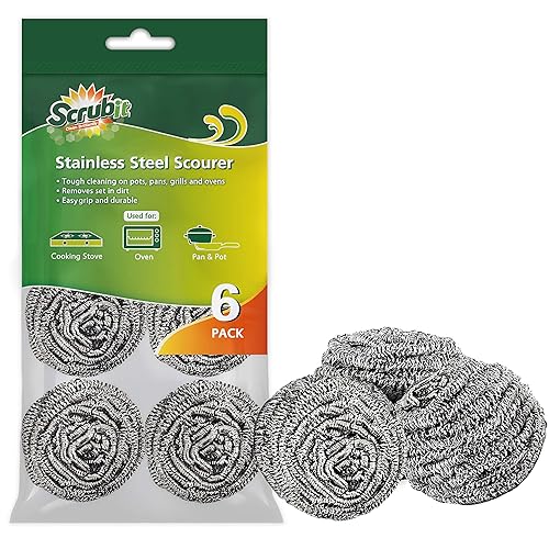 SCRUBIT 6 Pack Stainless Steel Scourers - Steel Wool Scrubber Pad Used for Dishes, Pots, Pans, and Ovens. Easy scouring for Tough Kitchen Cleaning.