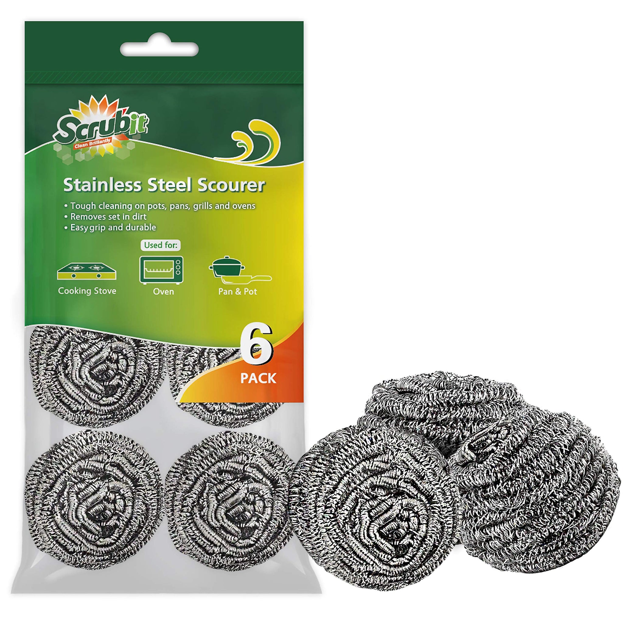 SCRUBIT 6 Pack Stainless Steel Scourers - Steel Wool Scrubber Pad Used for Dishes, Pots, Pans, and Ovens. Easy scouring for Tough Kitchen Cleaning.
