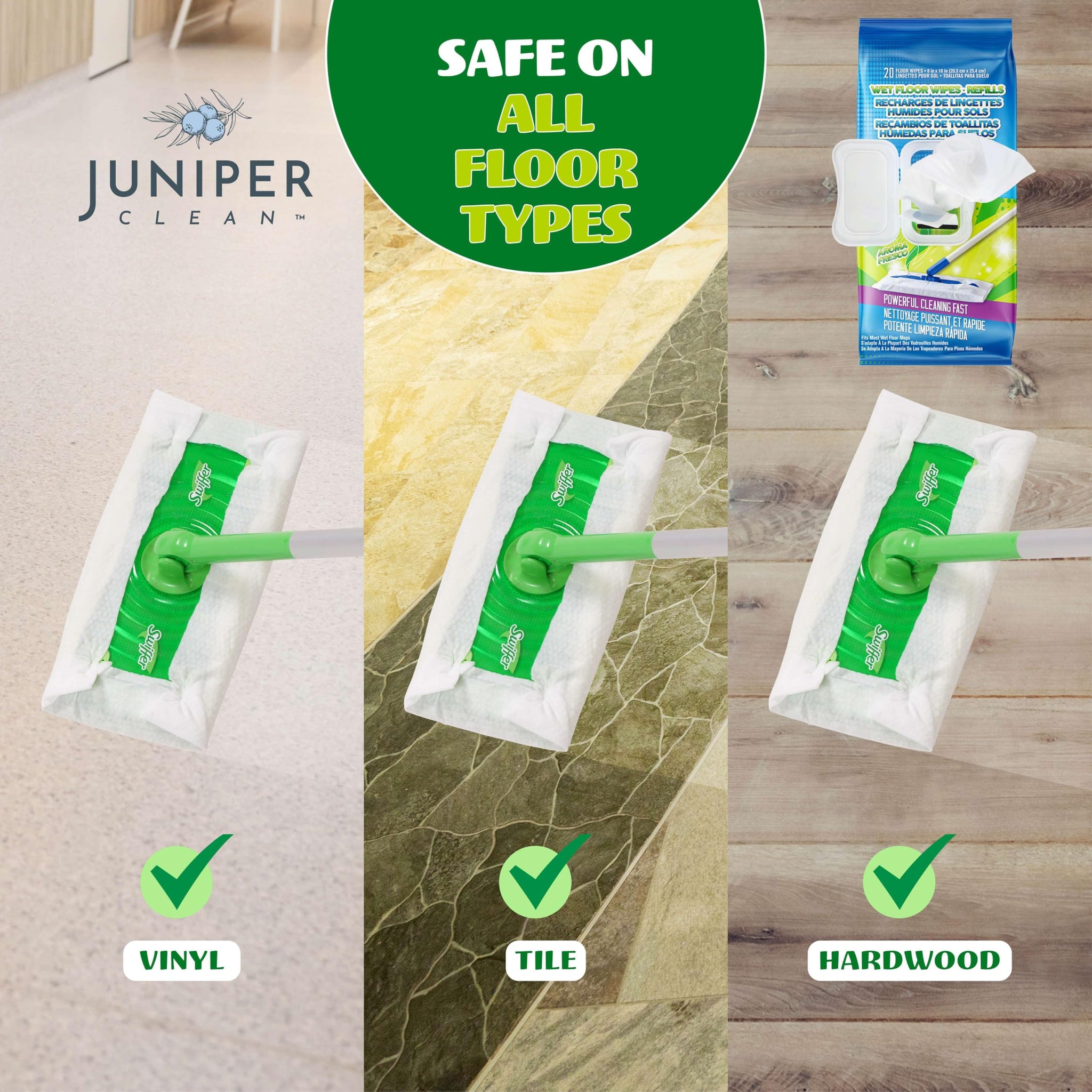Juniper CLEAN Wet Floor Wipes, Multi Surface Floor Cleaner Wet Mop Pads Fit Swiffer Sweeper Mop, Fresh Scent & Plant-Based Textured Cloth Trap Absorb