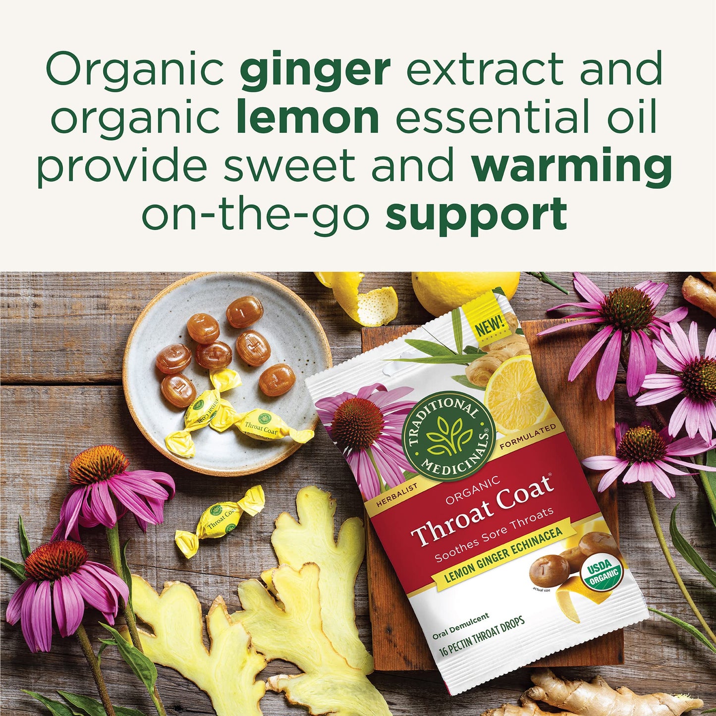 Traditional Medicinals Organic, Throat Coat Lozenges, Lemon Ginger Echinacea - Herbal Cough Drops, Helps Soothe Sore Throat - Non-GMO, Stimulant-Free