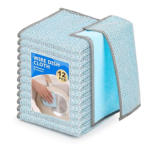 WYDZKJ 12Pack Multipurpose Wire Dishwashing Rags, Upgrade Non Scratch Wire Dishcloth, for Wet and Dry Use, Reusable Metal Scrubbing Microfiber Clean