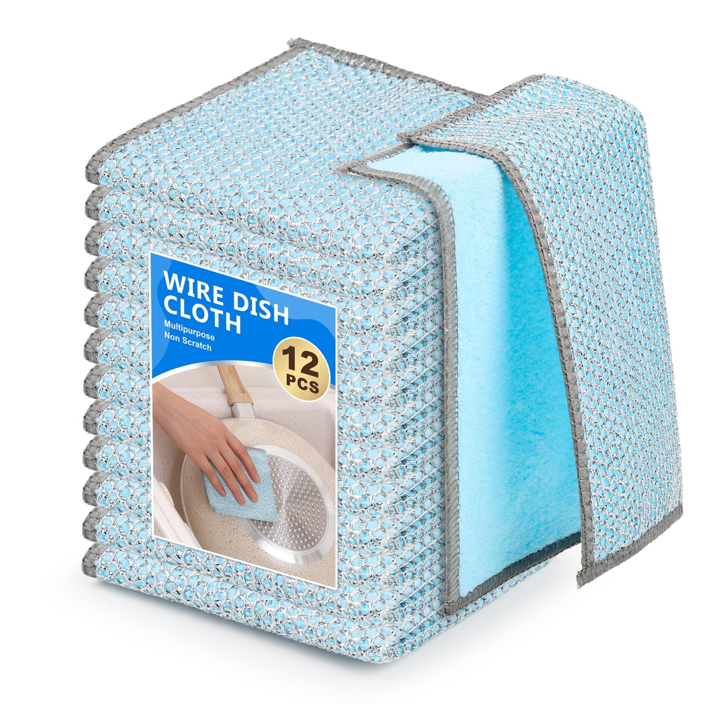 WYDZKJ 12Pack Multipurpose Wire Dishwashing Rags, Upgrade Non Scratch Wire Dishcloth, for Wet and Dry Use, Reusable Metal Scrubbing Microfiber Clean