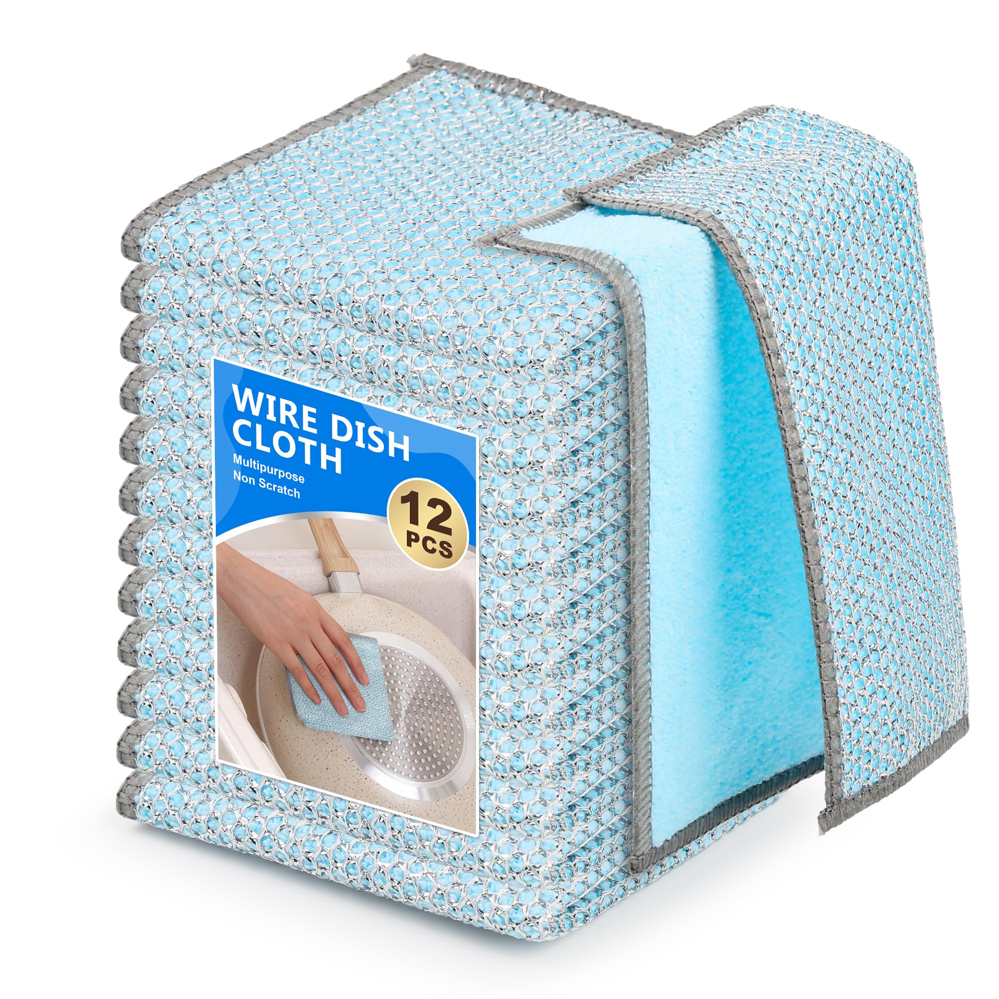 WYDZKJ 12Pack Multipurpose Wire Dishwashing Rags, Upgrade Non Scratch Wire Dishcloth, for Wet and Dry Use, Reusable Metal Scrubbing Microfiber Clean