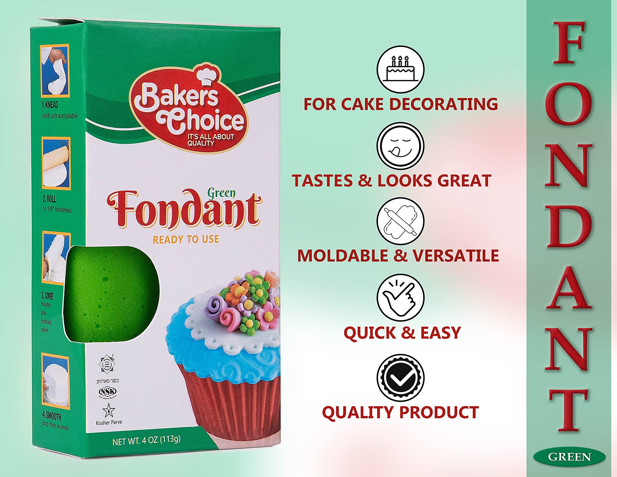 Baker's Choice Green Fondant Icing-4 oz.-Ready to Use Cake Decorating Frosting-Easy To Roll,Moldable,Kosher,Dairy Free,and Nut Free-Green Fondant