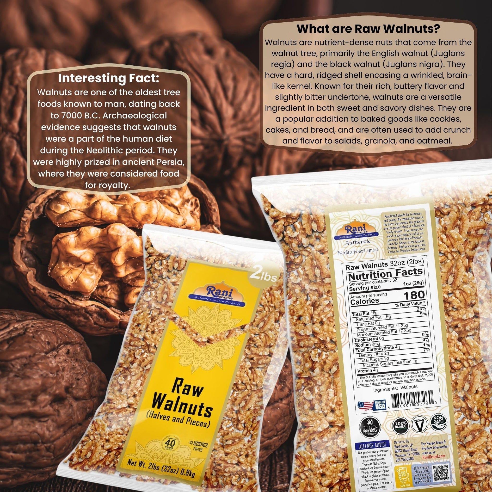 Rani Raw Walnuts, Halves and Pieces 32oz (2lbs)908g ~ All Natural | Vegan | Gluten Friendly | Fresh Product of USA