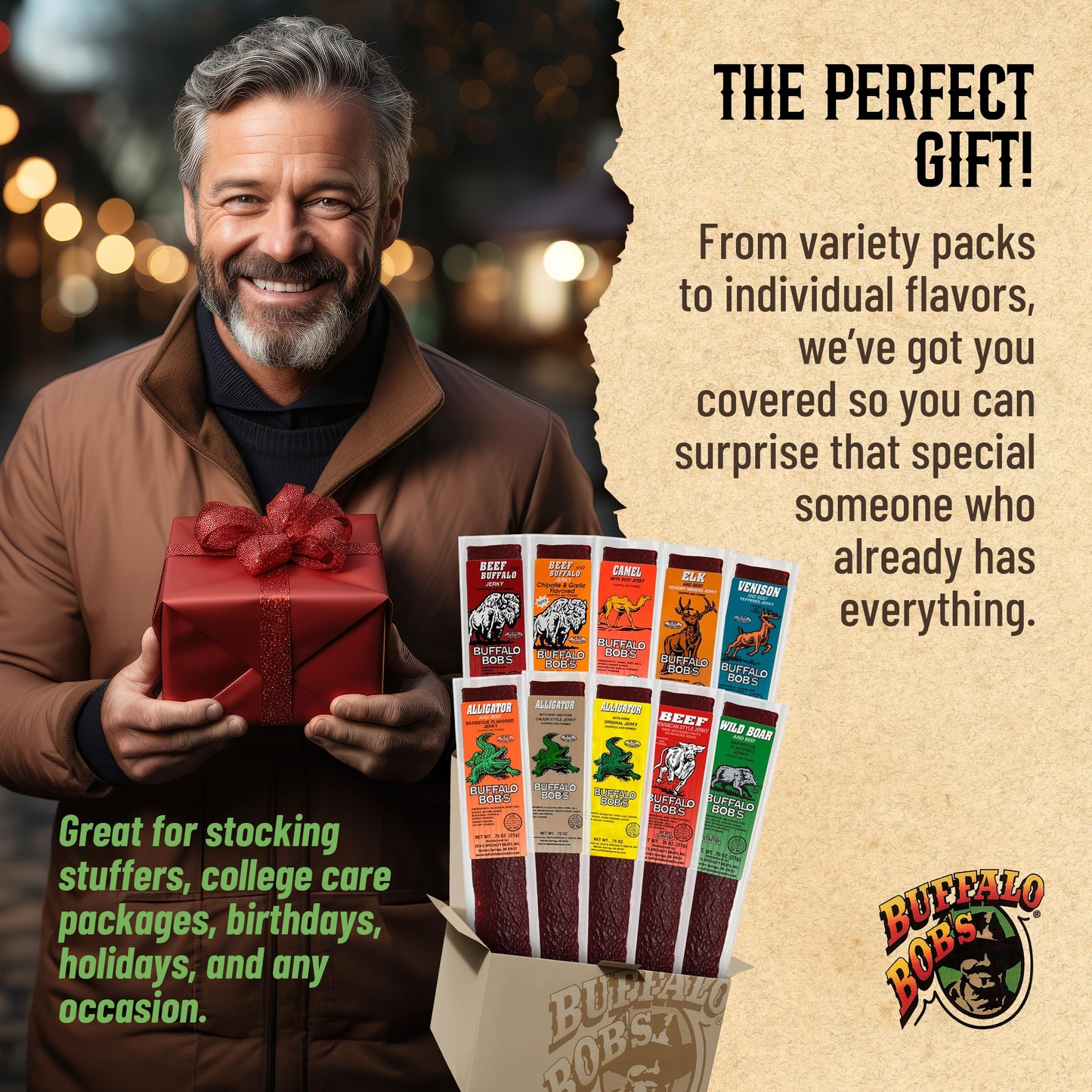 Buffalo Bob's Exotic Jerky (10-Pack), 10 Flavor Variety Pack of Snack Sticks, Wild Game Beef Gifts for Men