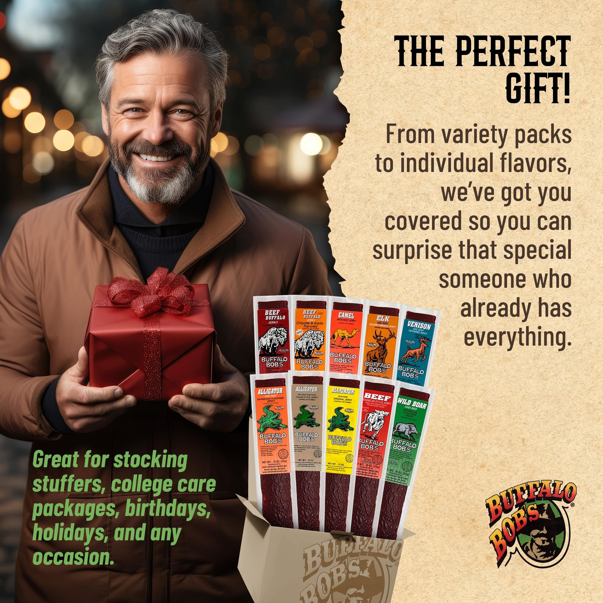 Buffalo Bob's Exotic Jerky (10-Pack), 10 Flavor Variety Pack of Snack Sticks, Wild Game Beef Gifts for Men