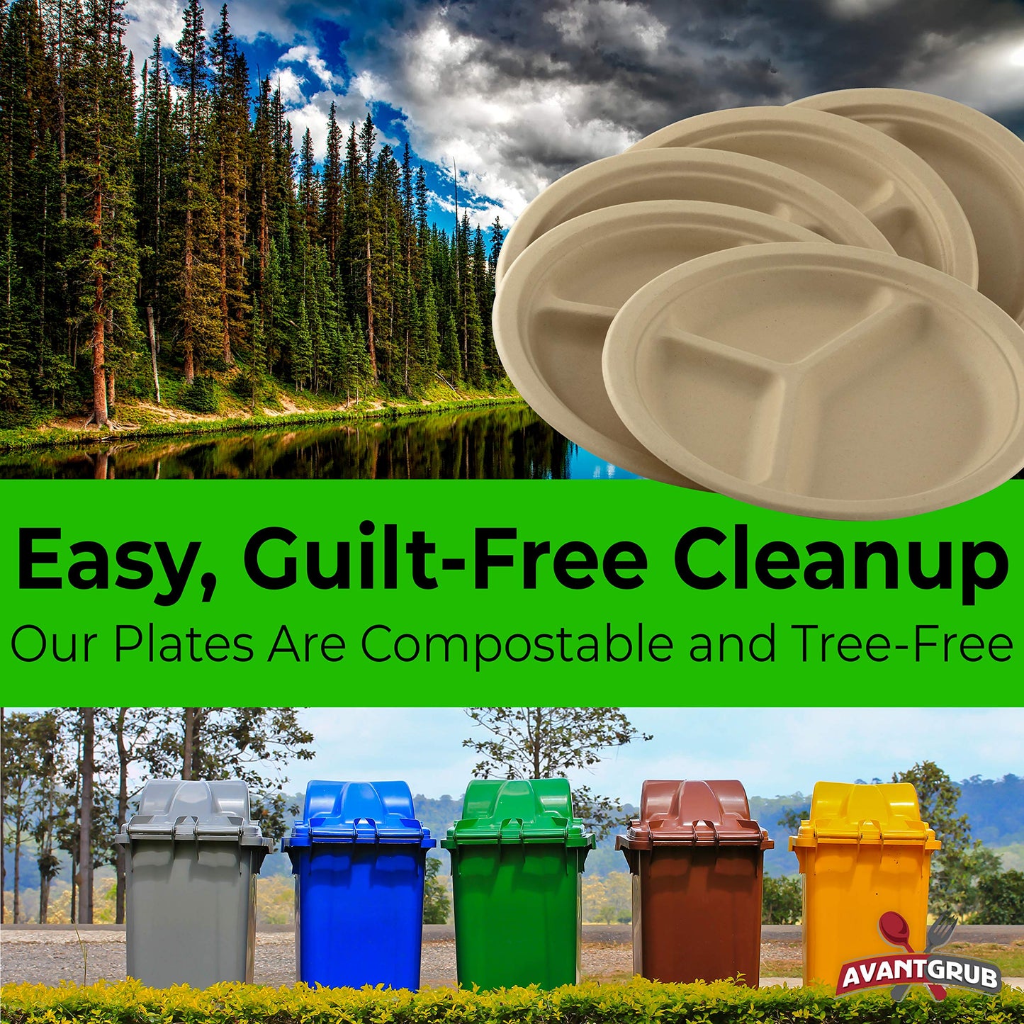 Restaurant-Grade Biodegradable 10 Inch 3-Compartment Plates Bulk 50 Pk. Great for Lunch and Dinner Parties. Disposable Compostable Wheatstraw Divided