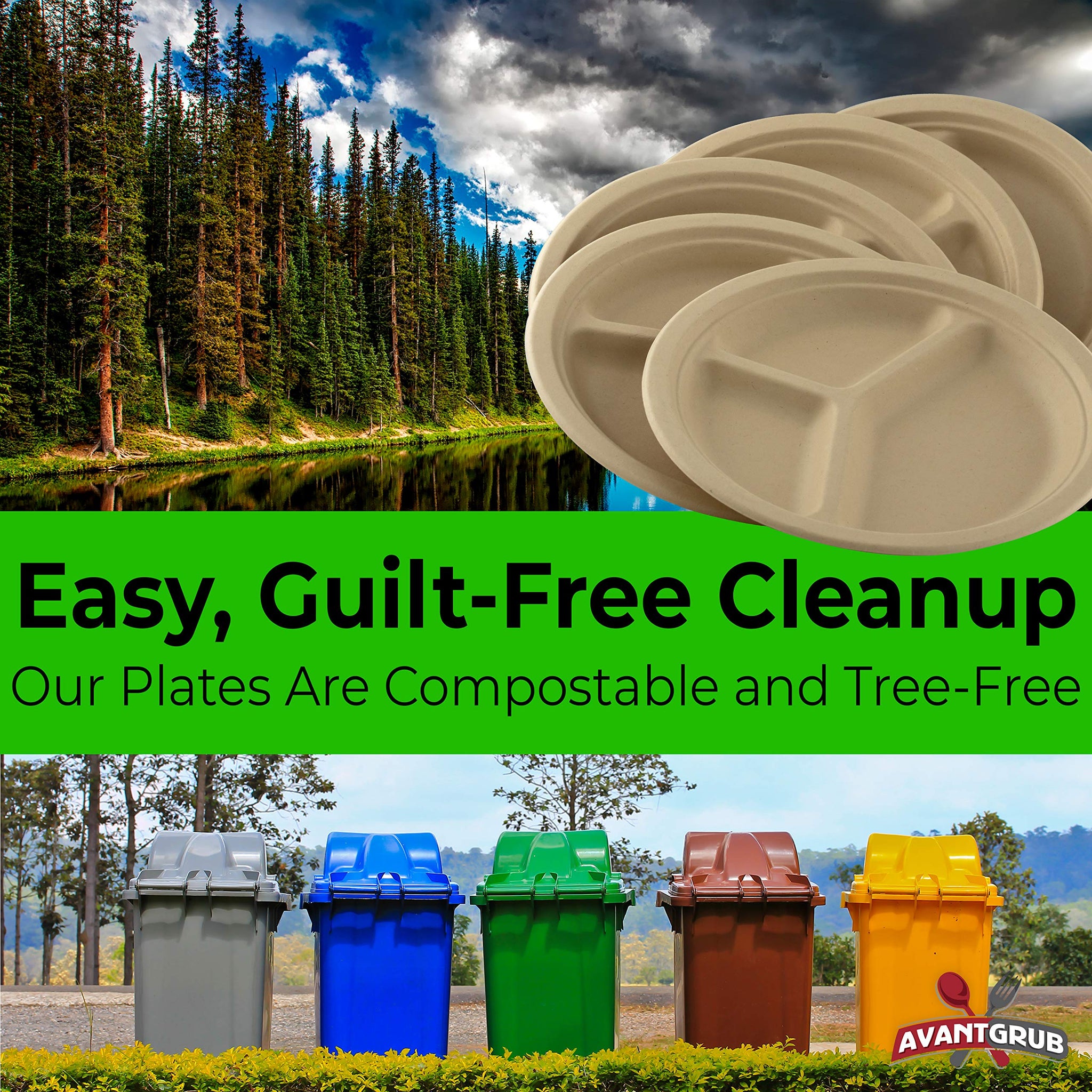 Restaurant-Grade Biodegradable 10 Inch 3-Compartment Plates Bulk 50 Pk. Great for Lunch and Dinner Parties. Disposable Compostable Wheatstraw Divided