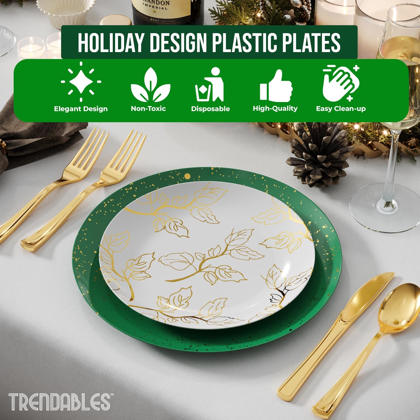 Trendables Christmas Plates Disposable 100 Pcs Christmas Dinnerware Set, Christmas Plastic Plates Set Includes: 20 10" Dinner Plates, 20 8" Dessert