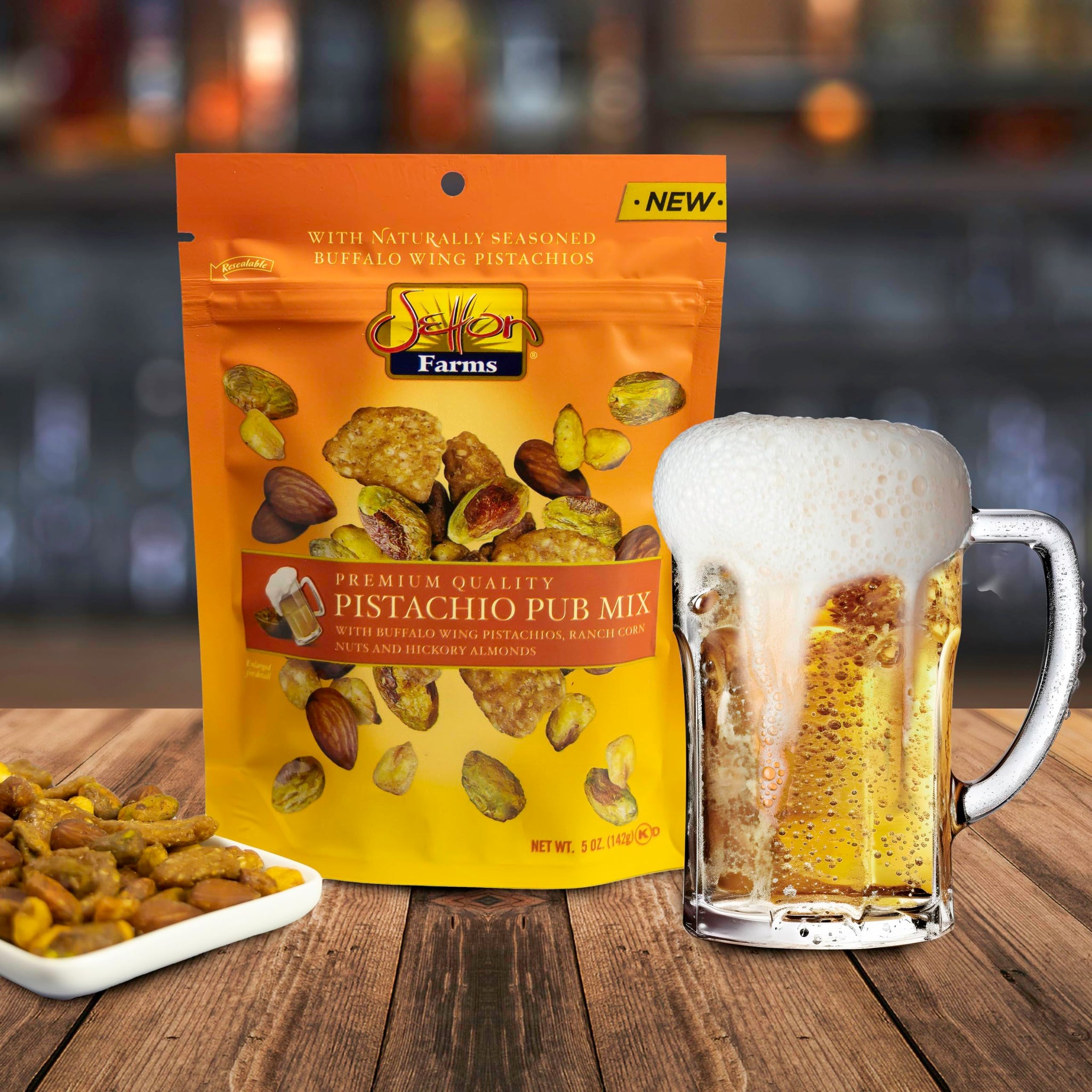 Setton Farms Pistachio Pub Mix 20 Oz. Value Bag. With Buffalo Wing Pistachios, Ranch Corn Nuts, Honey Roasted Sesame Chips and Hickory Almonds.