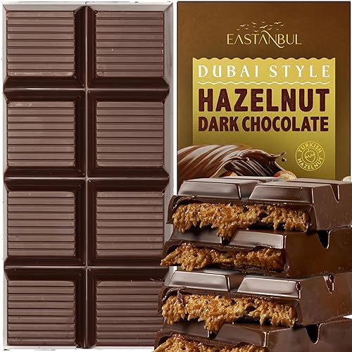 Eastanbul Dubai Dark Chocolate Bar Hazelnut, 7oz, Premium Belgium Dark Hazelnut Dubai Chocolate Bar, Viral Candy with Shredded Phyllo Dough, Knafeh