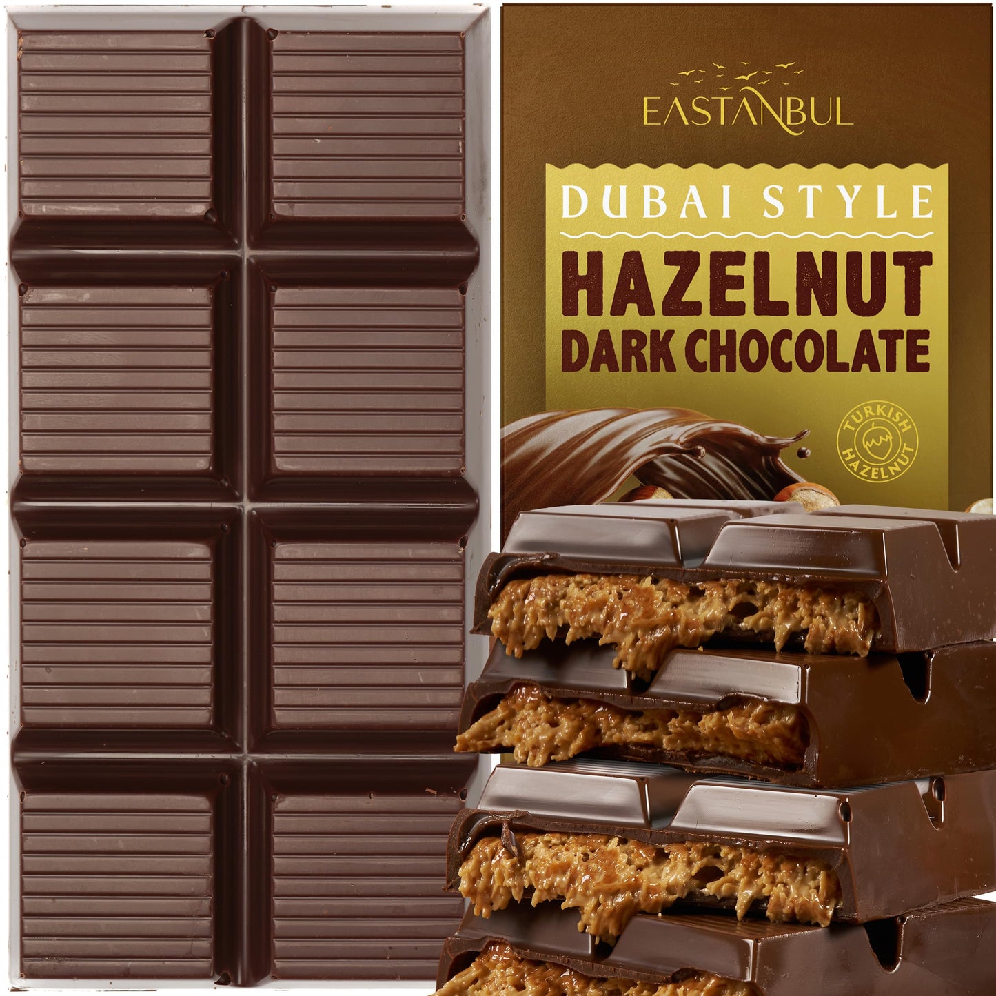 Eastanbul Dubai Dark Chocolate Bar Hazelnut, 7oz, Premium Belgium Dark Hazelnut Dubai Chocolate Bar, Viral Candy with Shredded Phyllo Dough, Knafeh