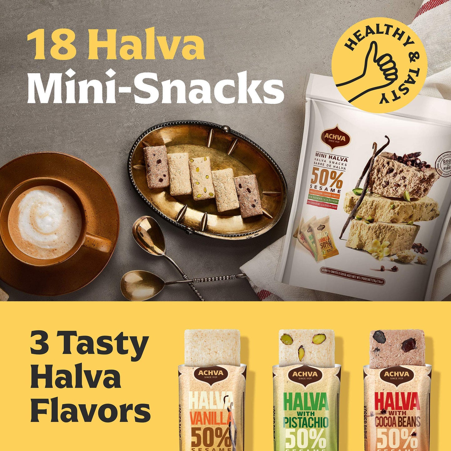 Halva Tahini Bar Mini Snacks - Assortment of 18 Snack-Sized Halvah Pistachio, Vanilla, and Cocoa Bean Israeli Snacks - Vegan, Kosher Snacks with No