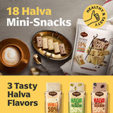 Halva Tahini Bar Mini Snacks - Assortment of 18 Snack-Sized Halvah Pistachio, Vanilla, and Cocoa Bean Israeli Snacks - Vegan, Kosher Snacks with No